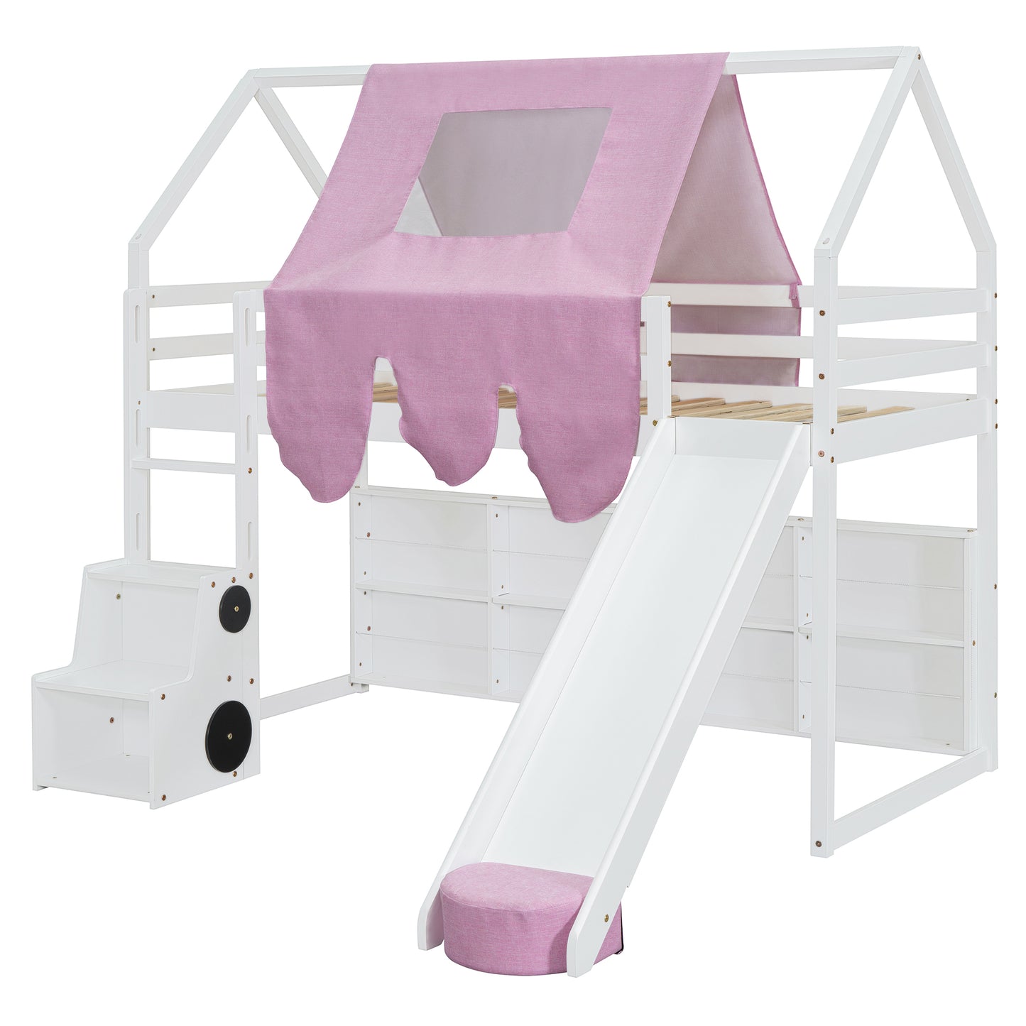 White loft bed with pink tent and slide