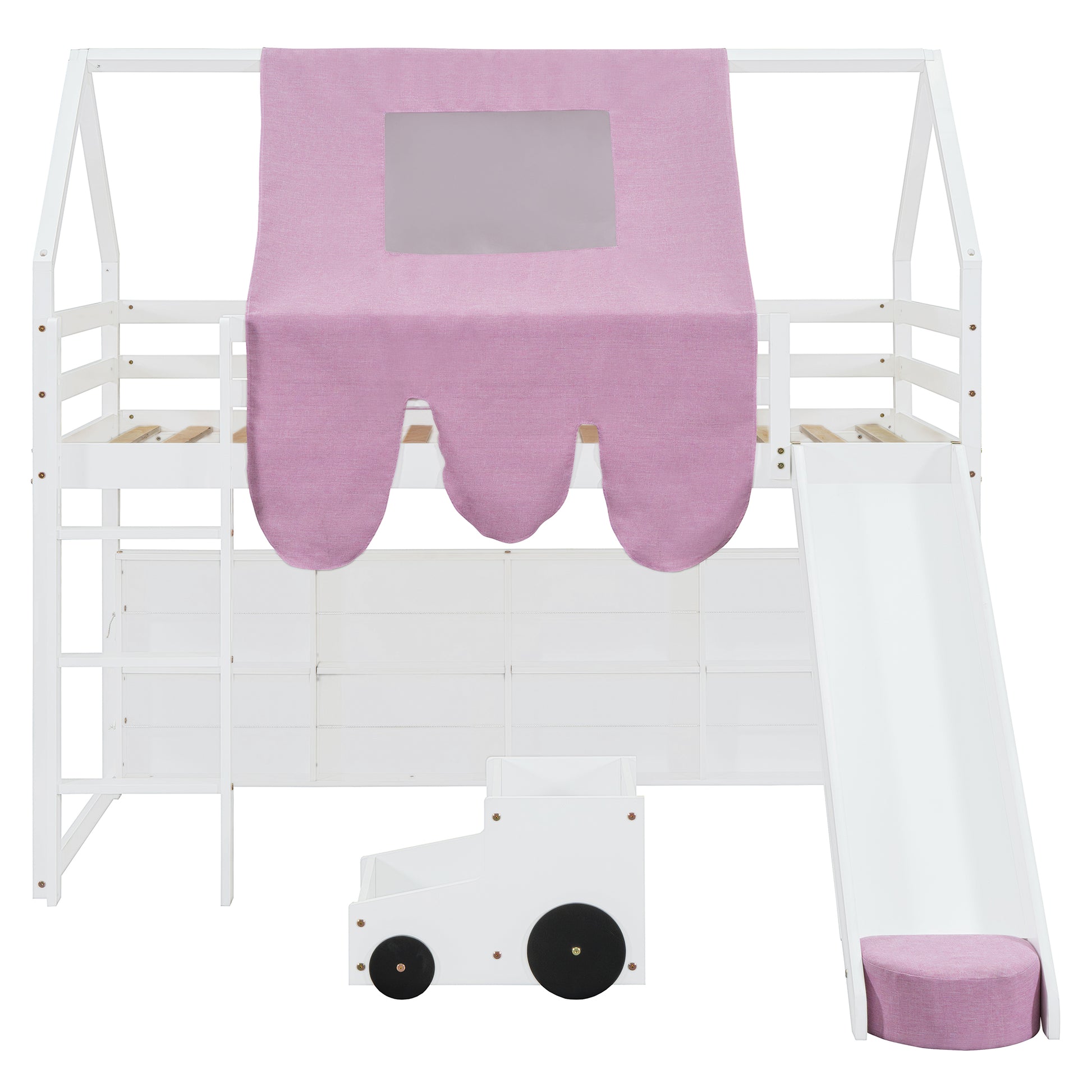 White wooden loft bed with pink tent and slide