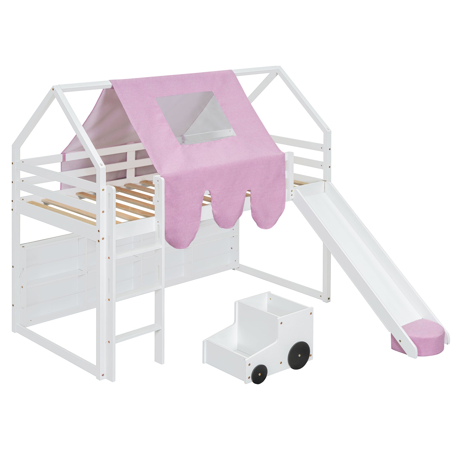 White wooden loft bed with pink tent and slide