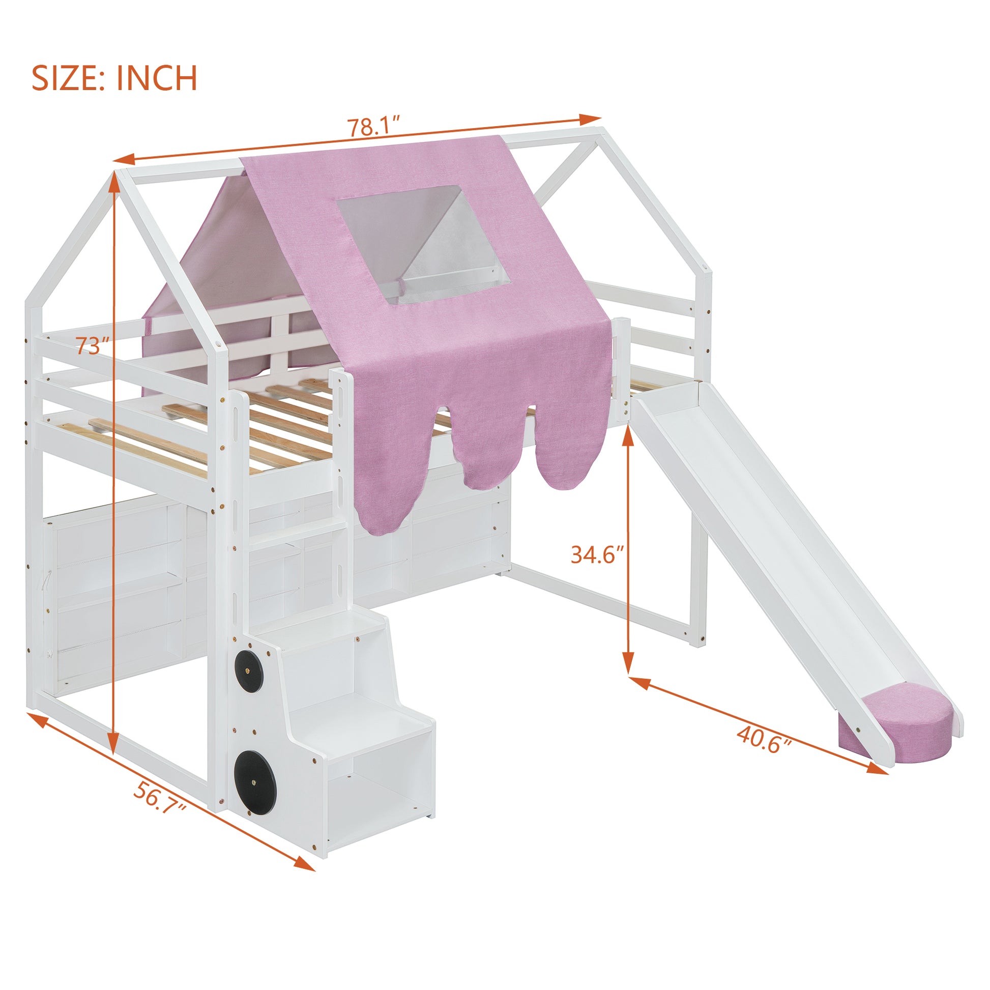 White wooden loft bed with pink tent and slide