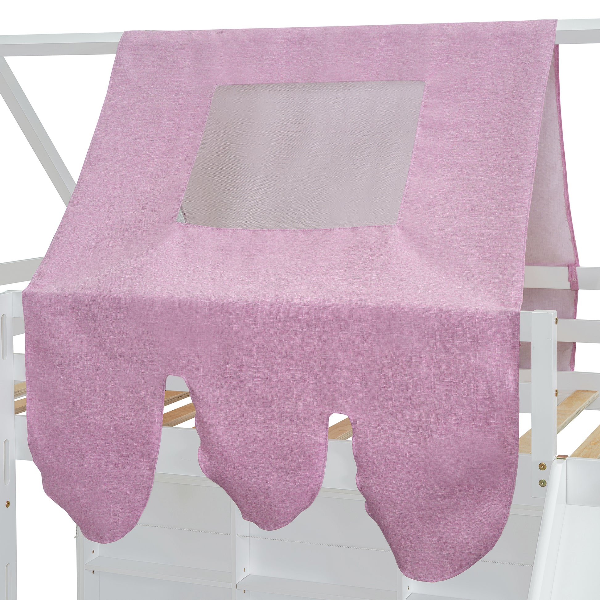 Pink linen castle bed tent with window cutout