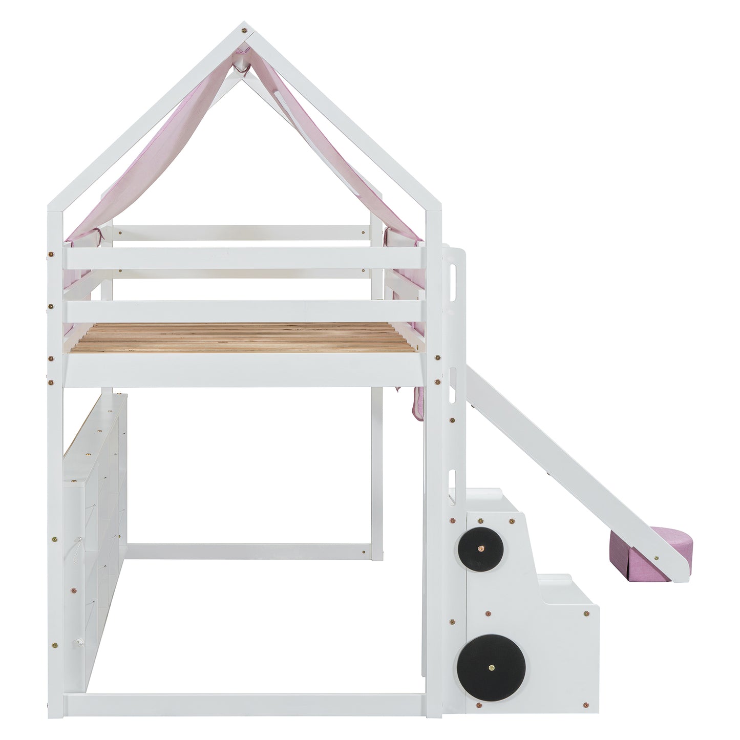 White wooden loft bed with pink canopy and slide