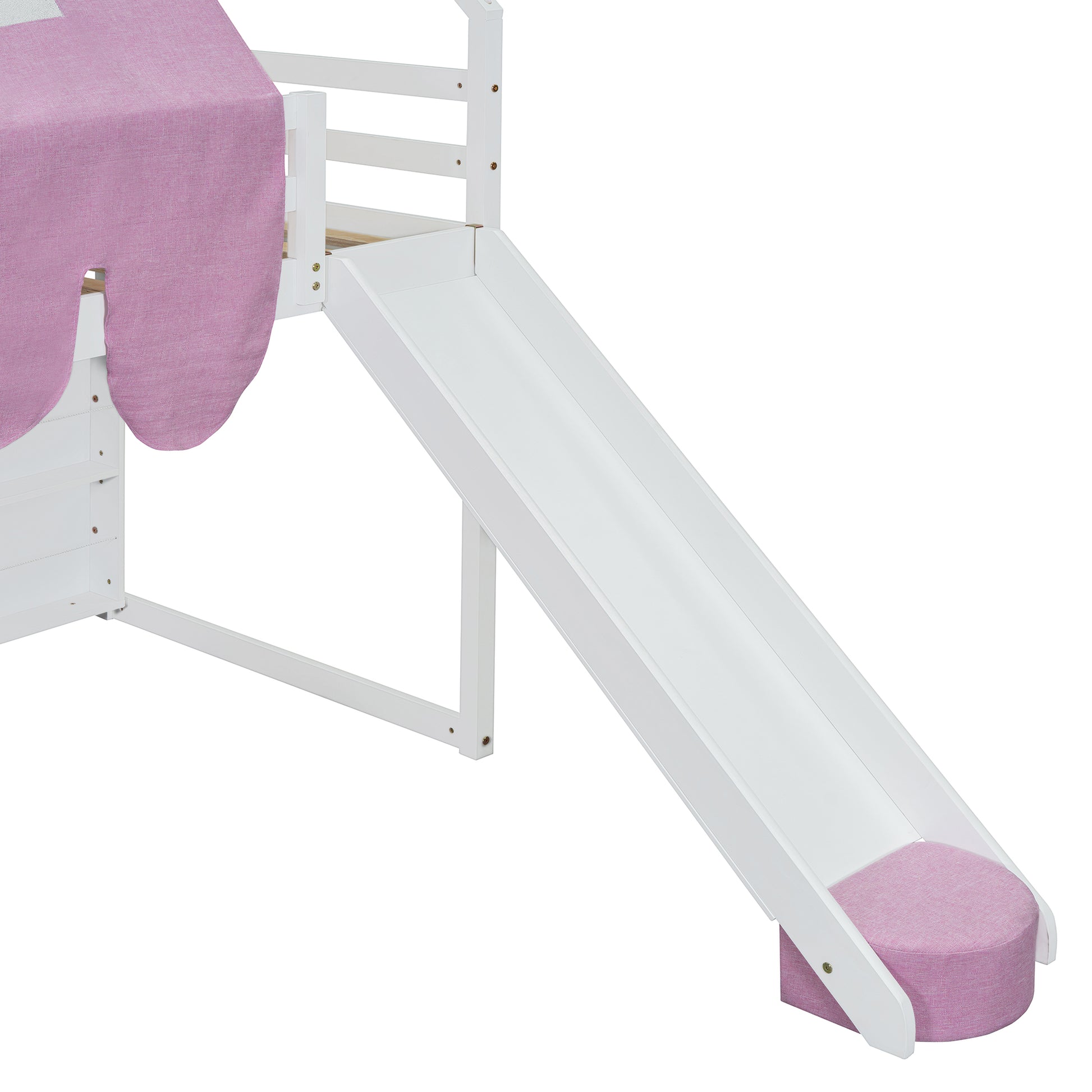 White wooden loft bed with pink fabric tent detail and a slide