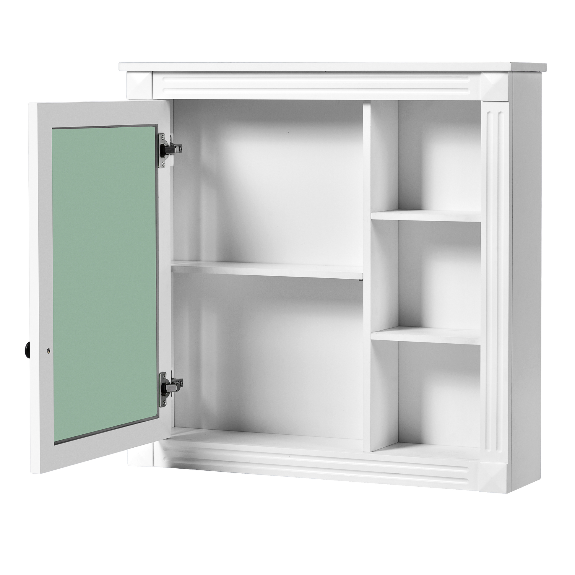 White mirrored medicine cabinet with open door