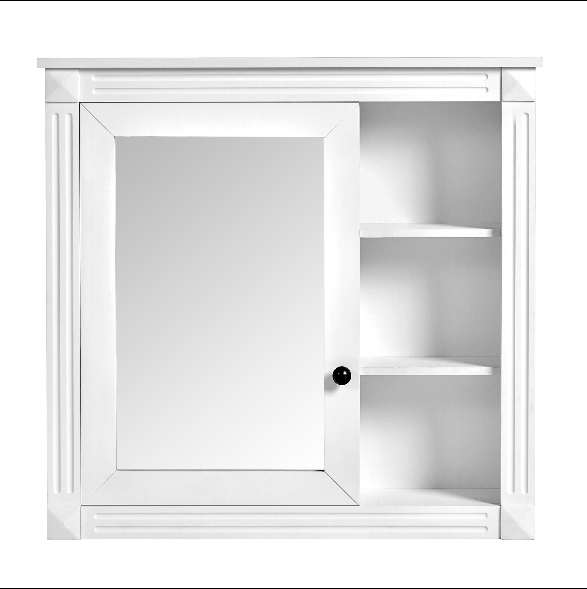 White bathroom medicine cabinet with mirrored door and open shelving