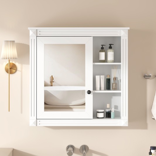 White bathroom medicine cabinet with mirrored door and open shelves
