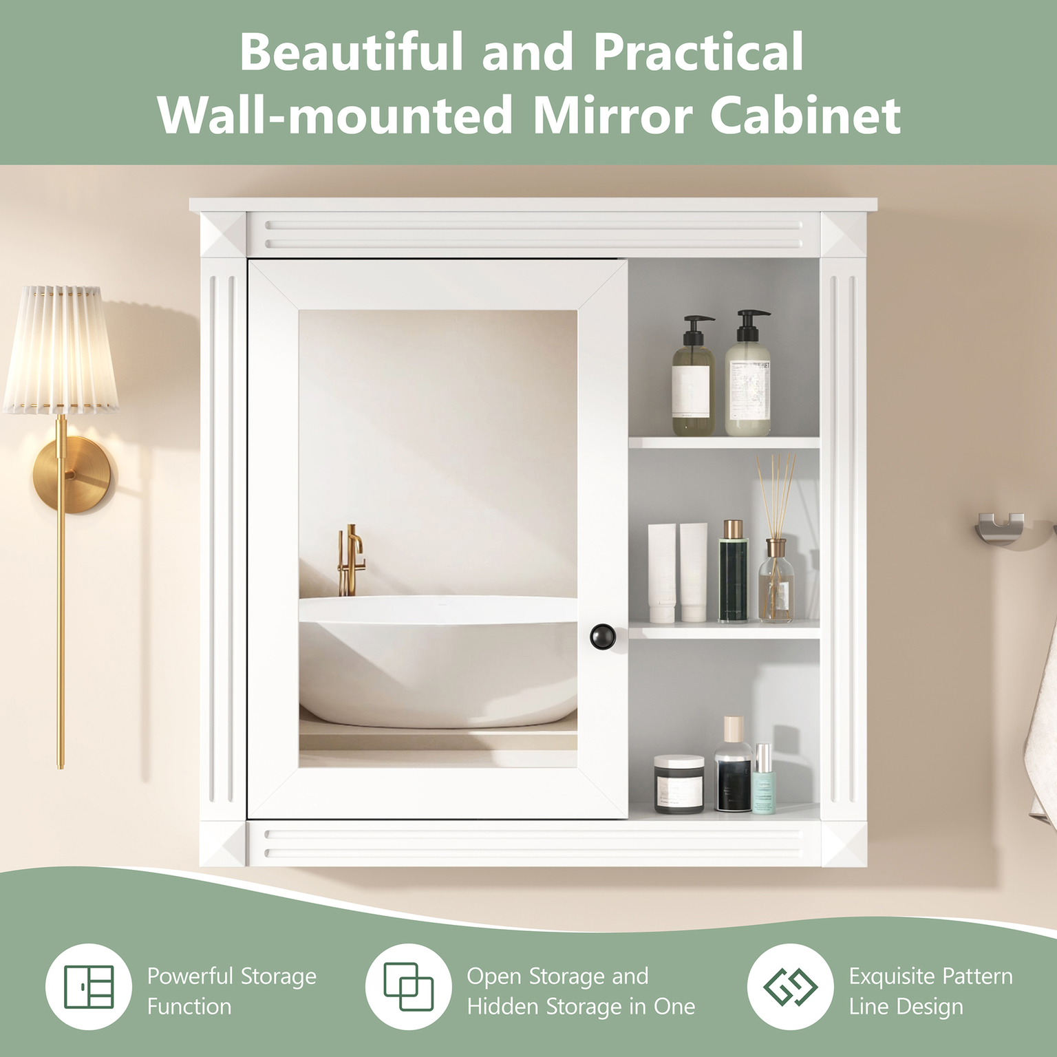 White wallmounted mirror cabinet with sliding door and open shelving