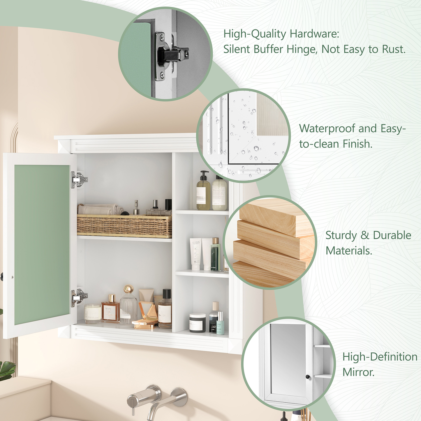 White medicine cabinet with open doors showcasing interior shelves stocked with toiletries and decorative items