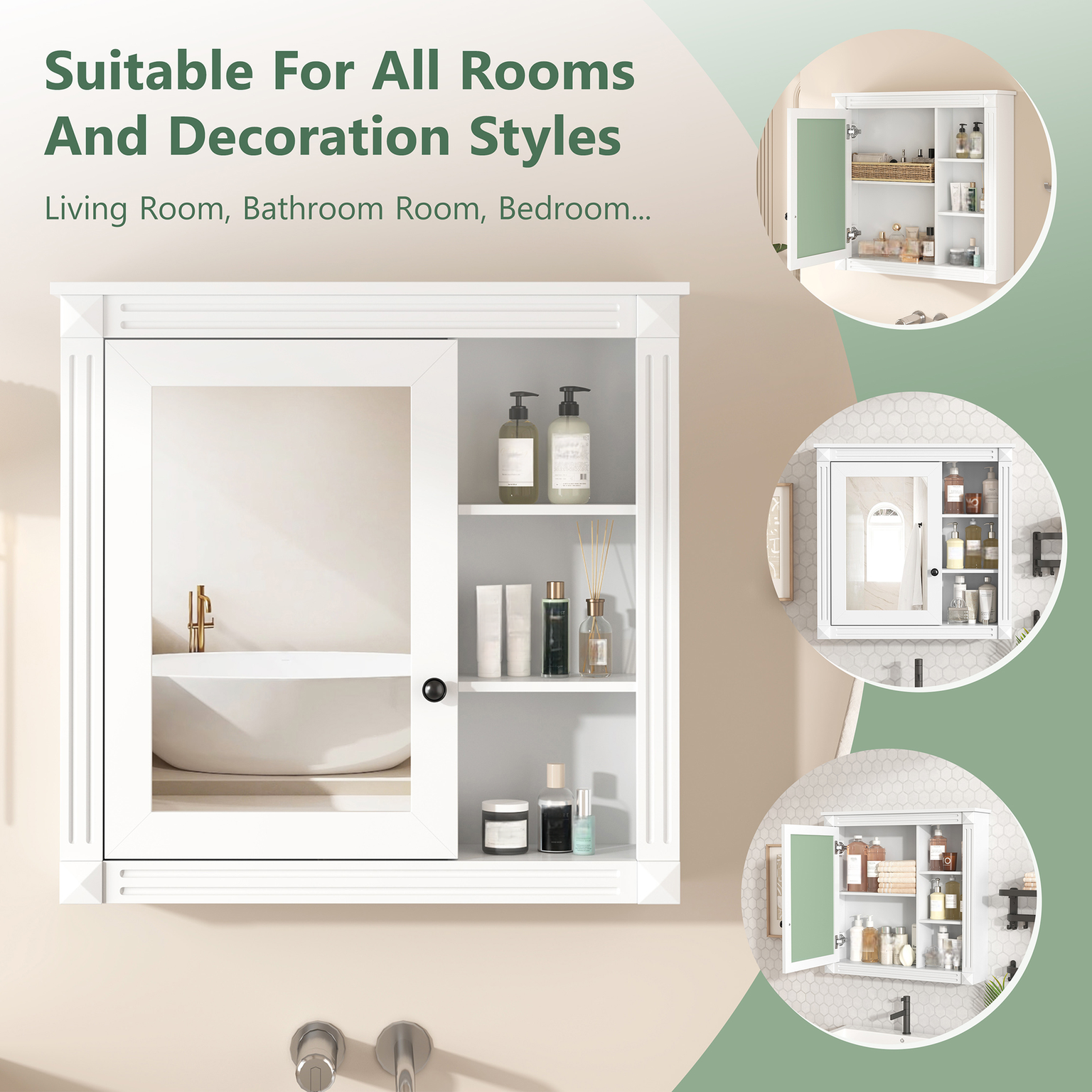 Modern white medicine cabinet with mirrored door and open shelving