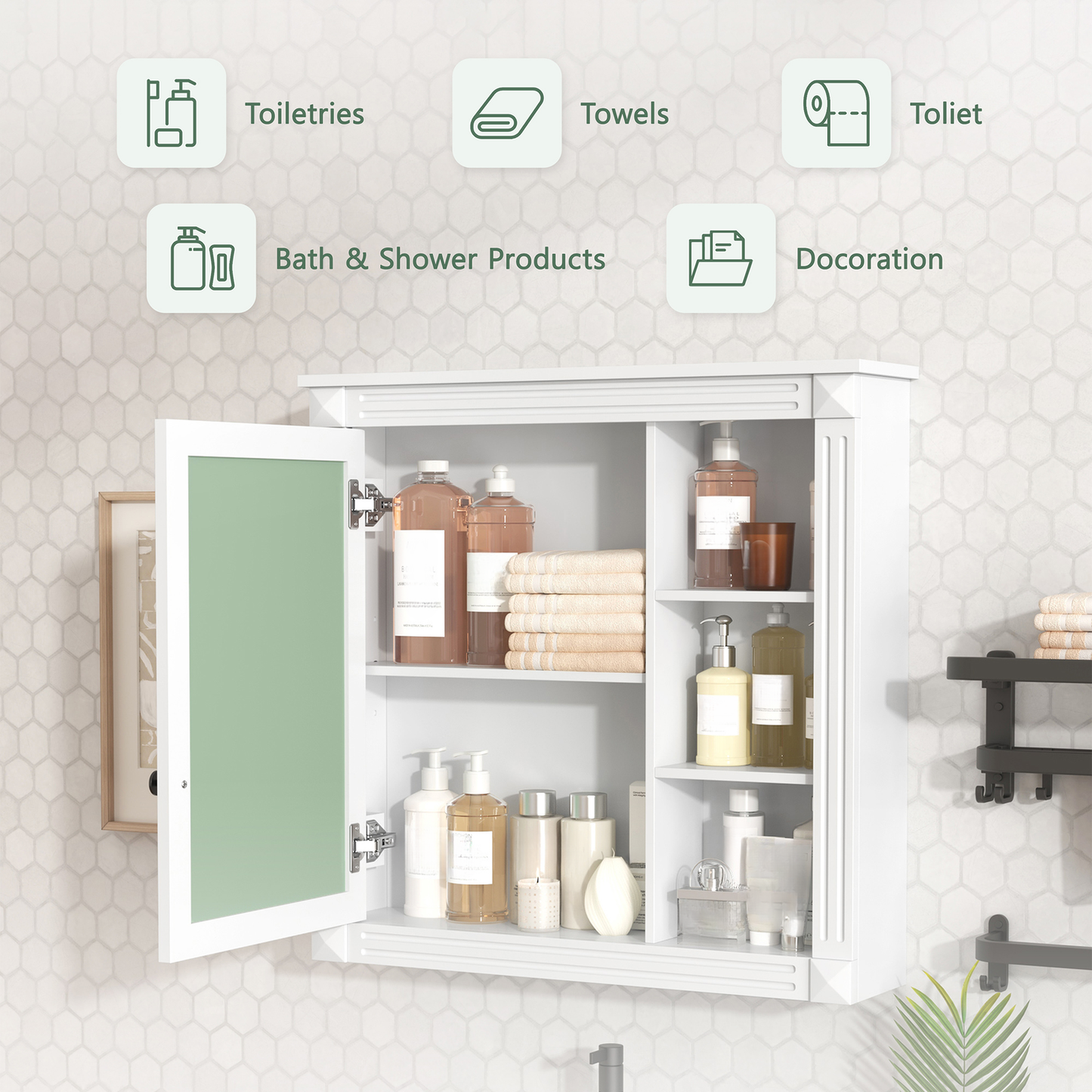 White bathroom medicine cabinet filled with toiletries and towels