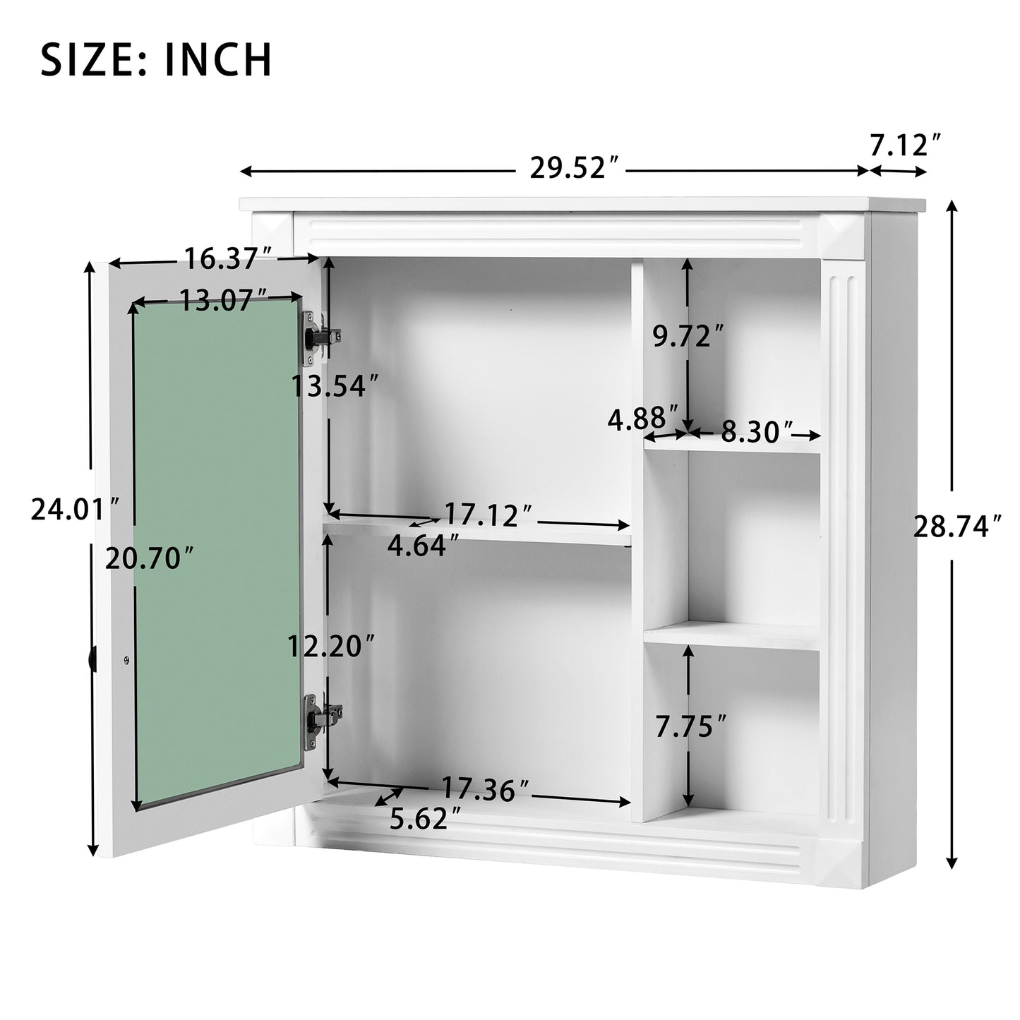 White bathroom medicine cabinet with mirrored door and interior shelves
