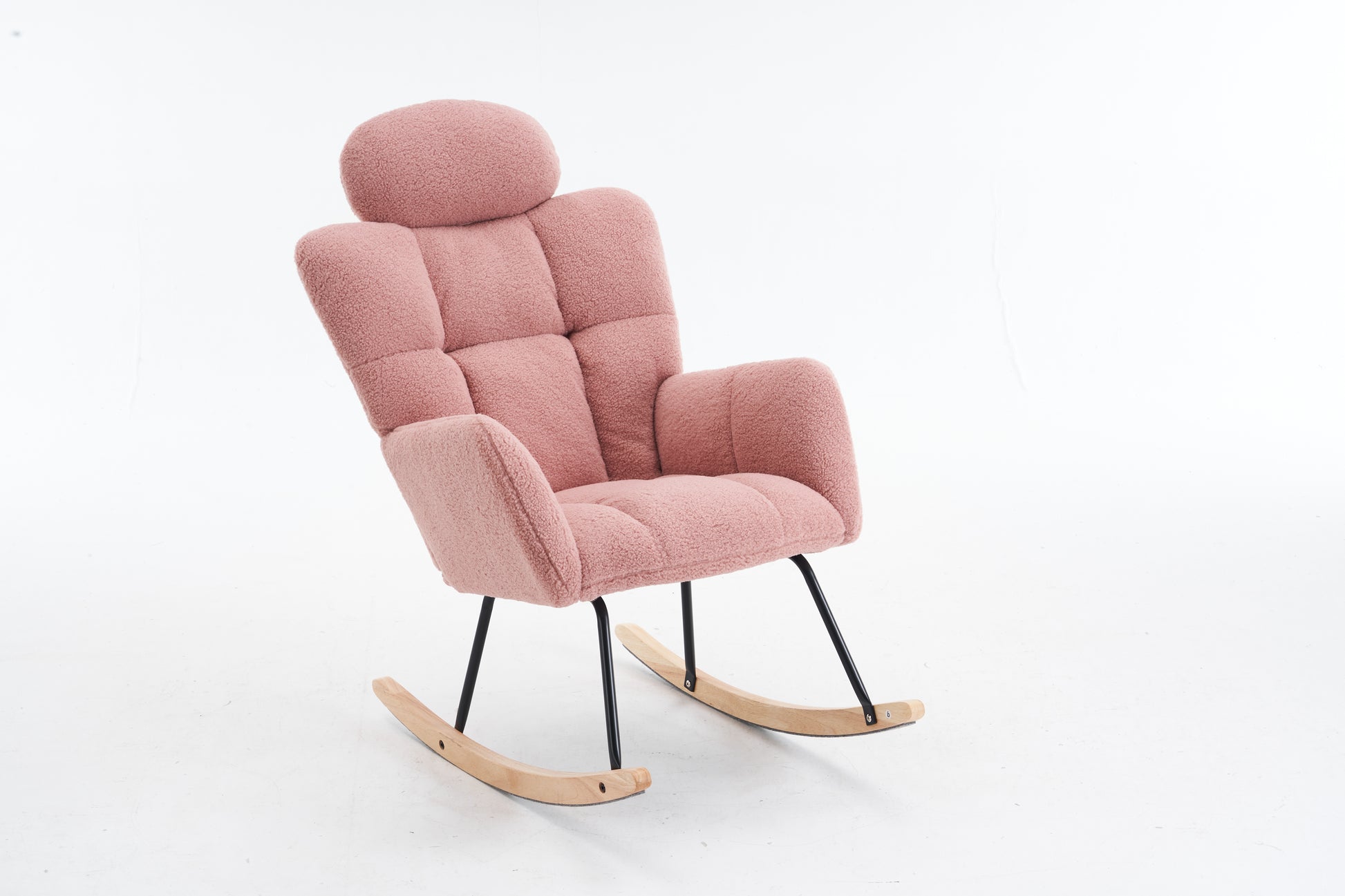 Pink teddy fabric rocking chair with tufted seat and headrest on wooden rockers