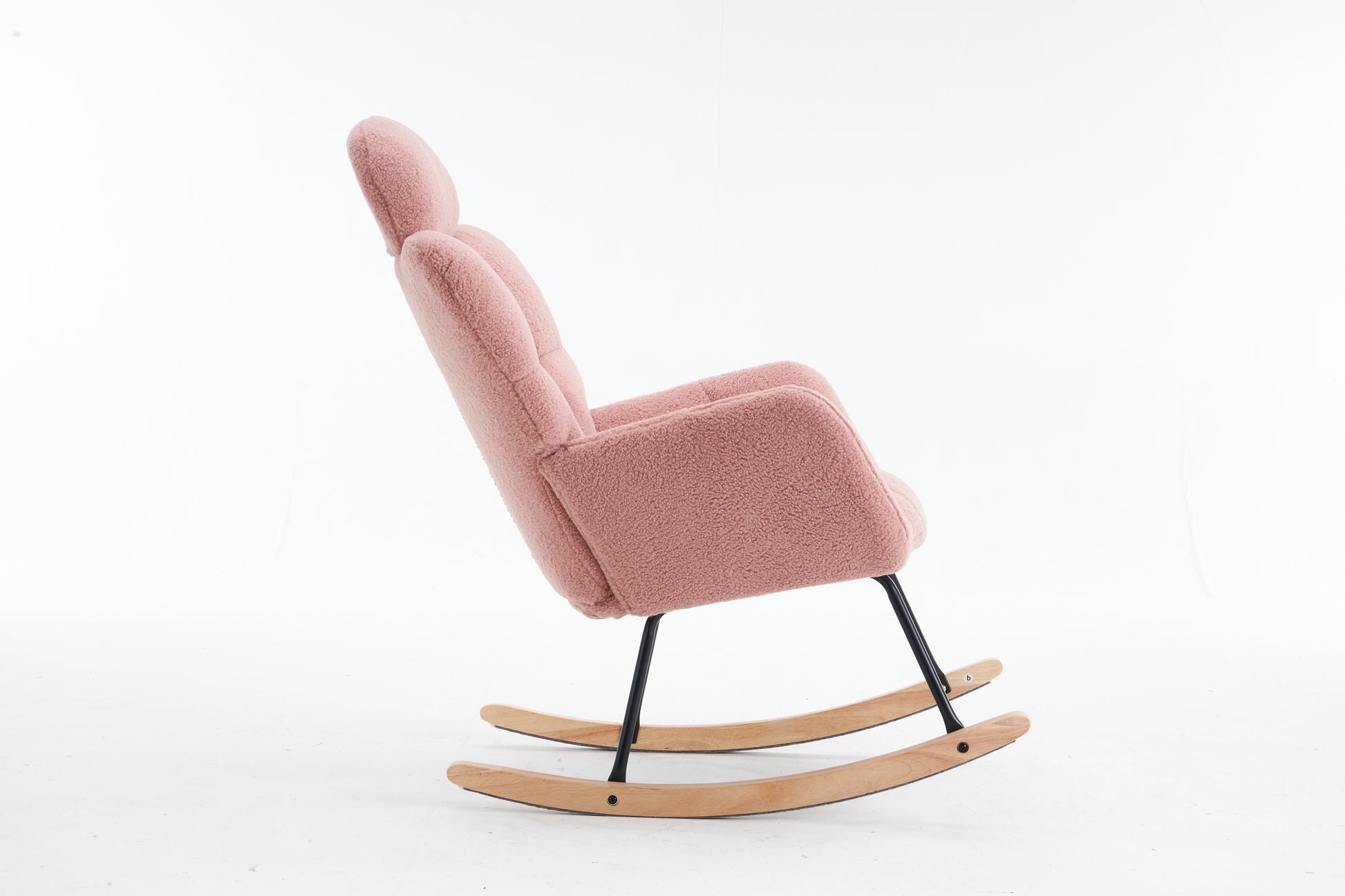 Pink teddy fabric rocking chair with wooden base and black metal legs