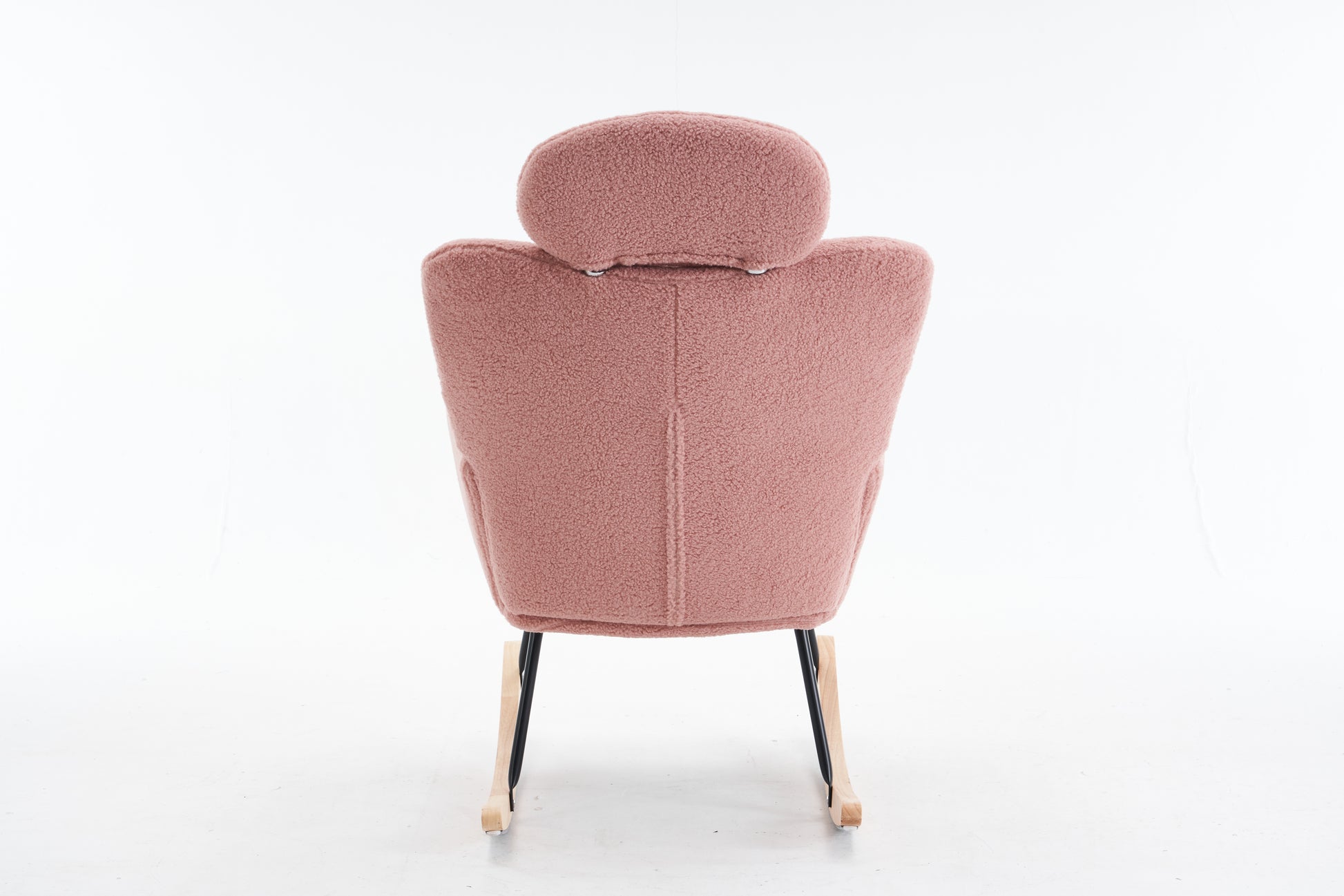 Dusty rose teddy fabric rocking chair with adjustable headrest and natural wood legs