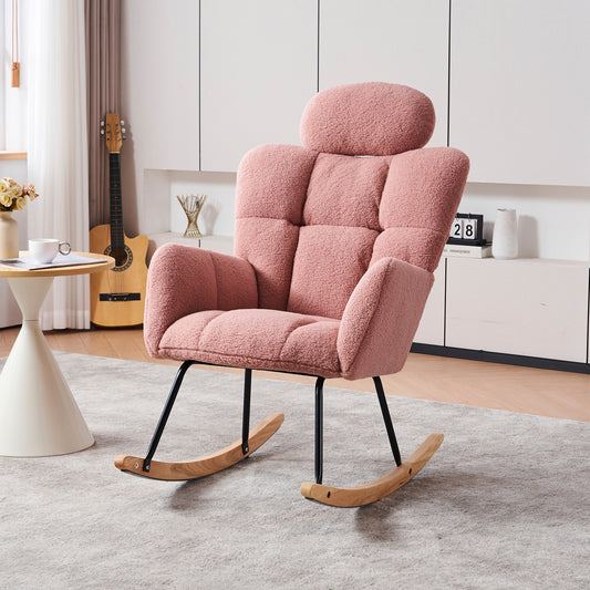 Pink teddy fabric rocking chair with cushioned back and seat