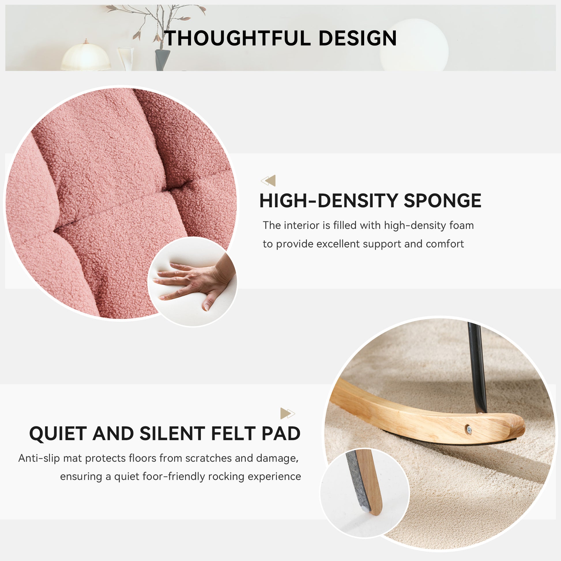 Plush pink fabric on a rocking chair cushion showing soft texture