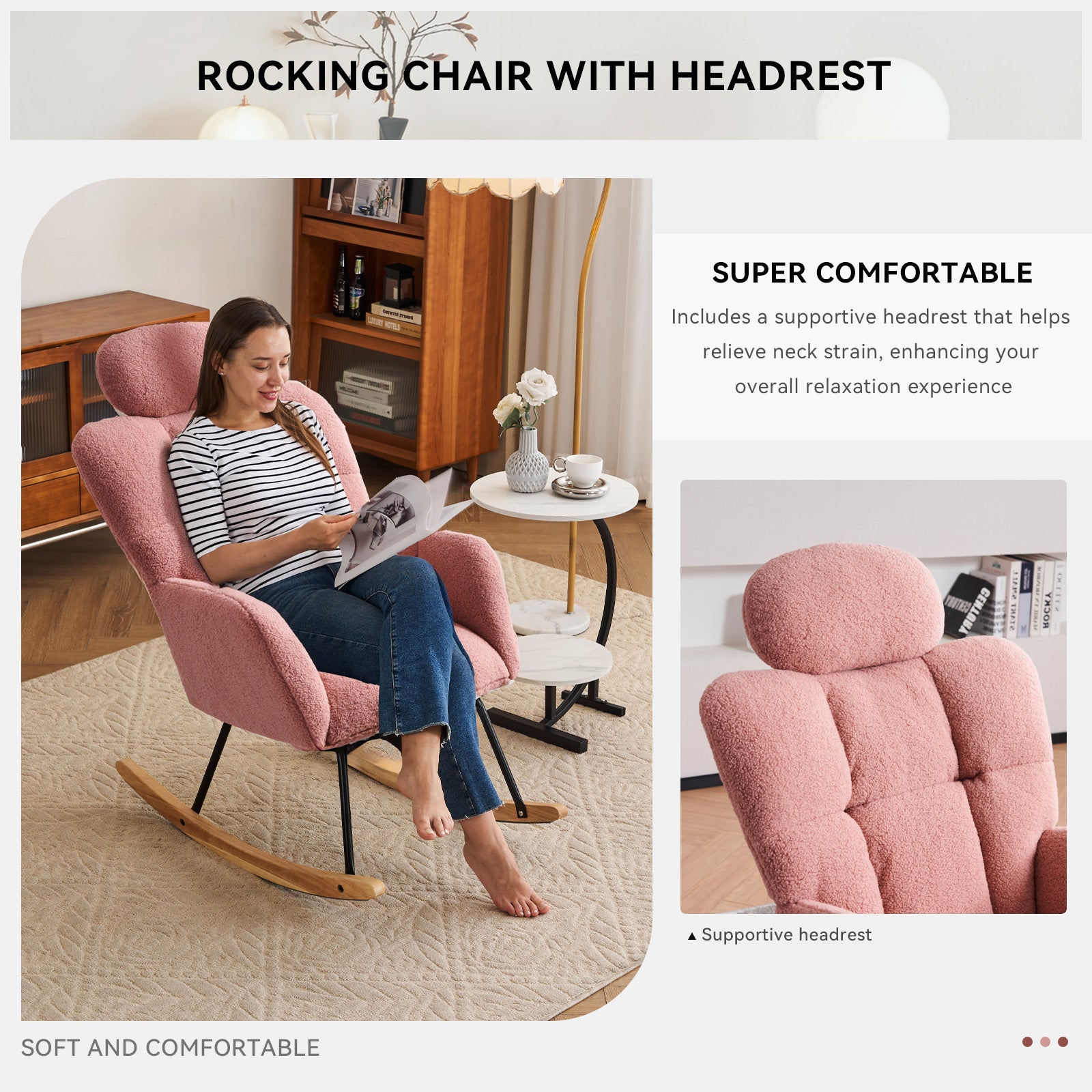 Pink teddy fabric rocking chair with headrest