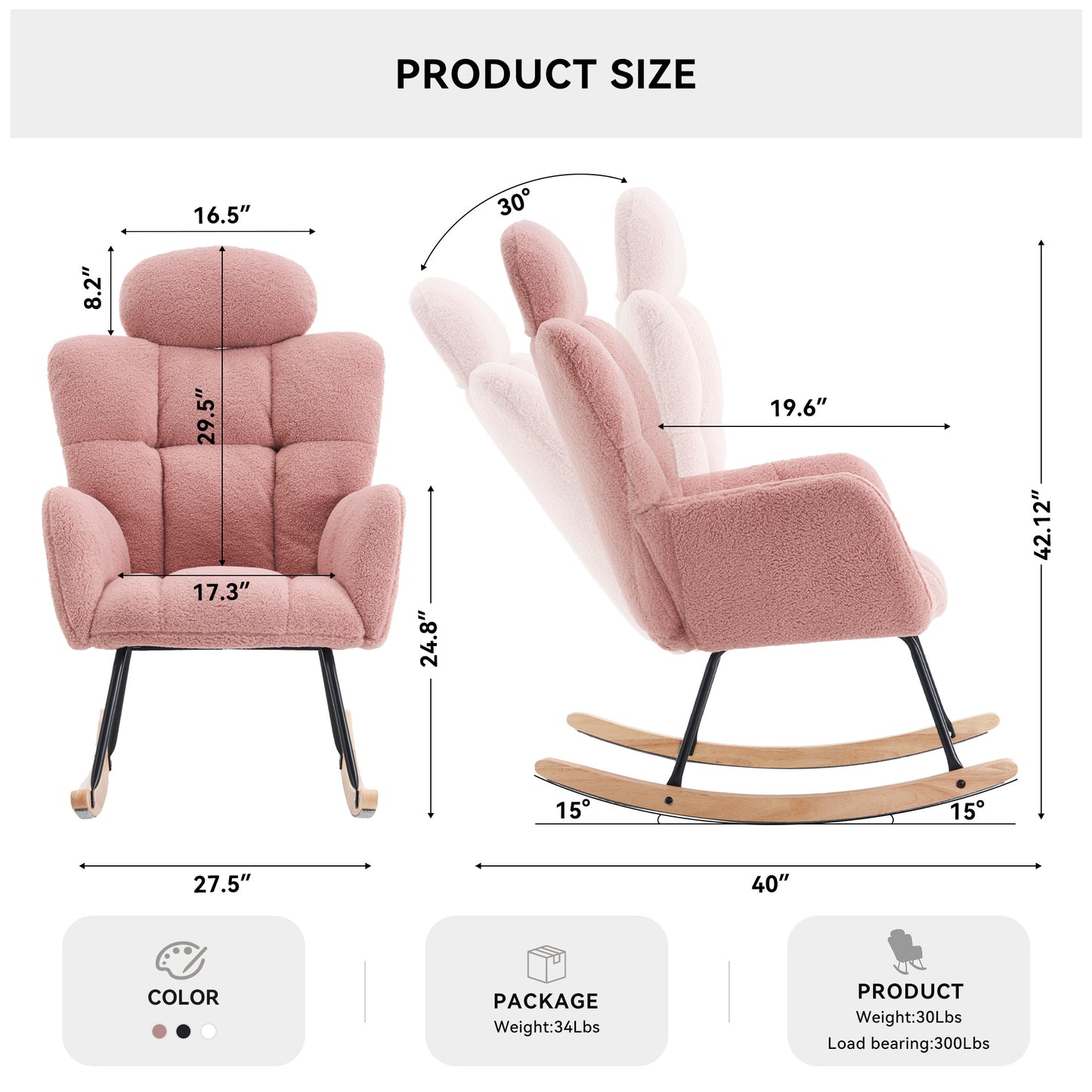Pink teddy fabric rocking chair with plush headrest and padded arms