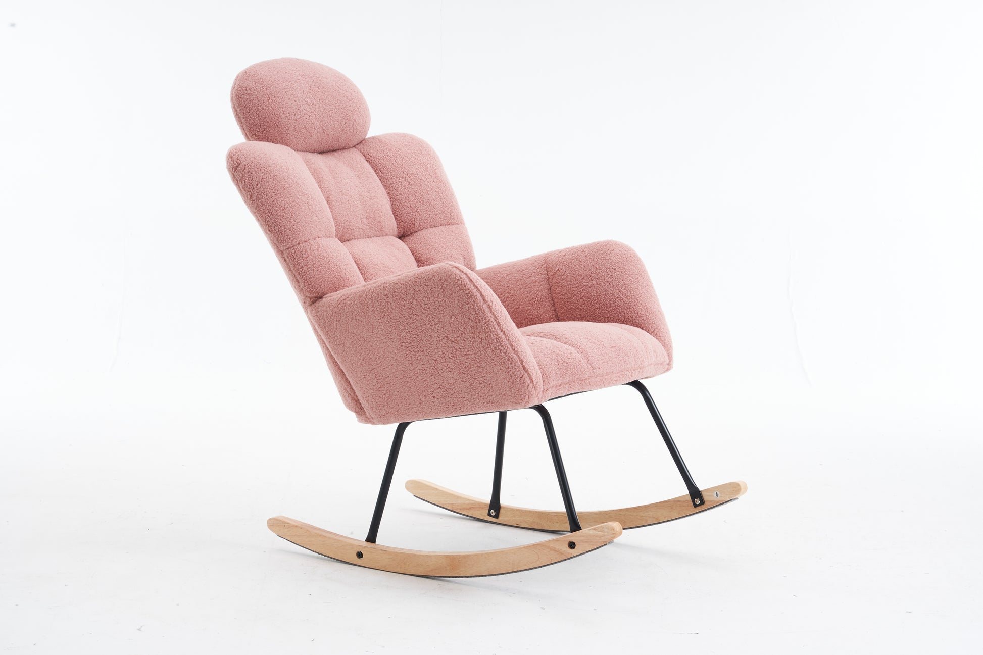 Cozy pink teddy fabric rocking chair with tufted back and wooden base