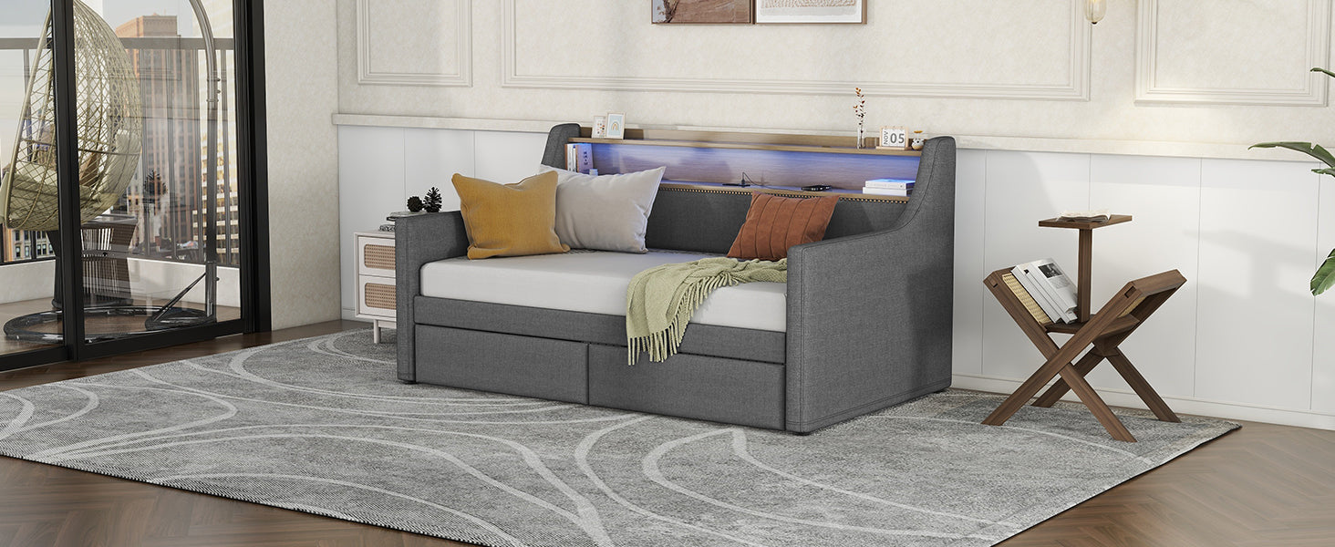 Grey upholstered daybed with LED backlighting and storage drawers