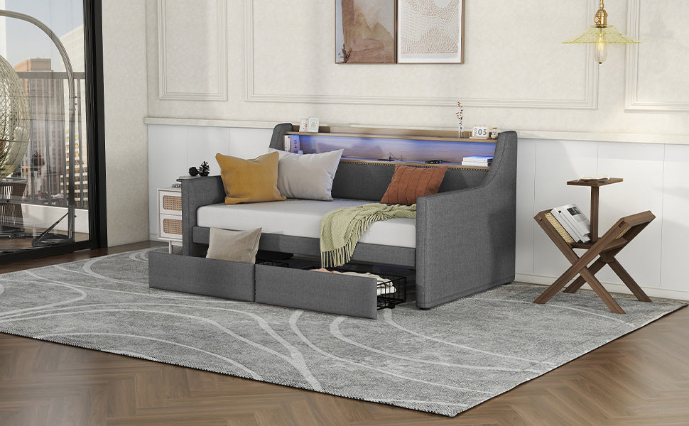 Gray upholstered daybed with builtin drawers and LED backlighting