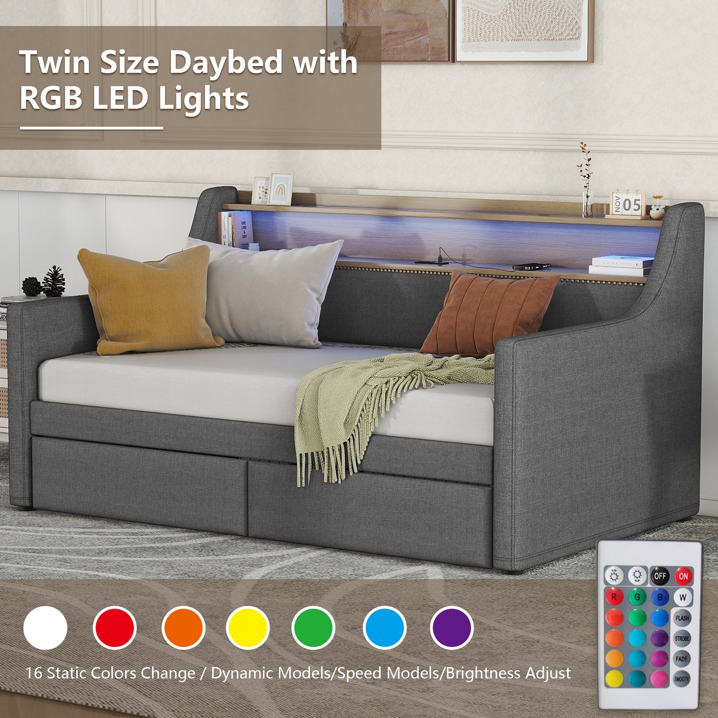 Dark gray upholstered twin size daybed with builtin storage drawers and RGB LED lights