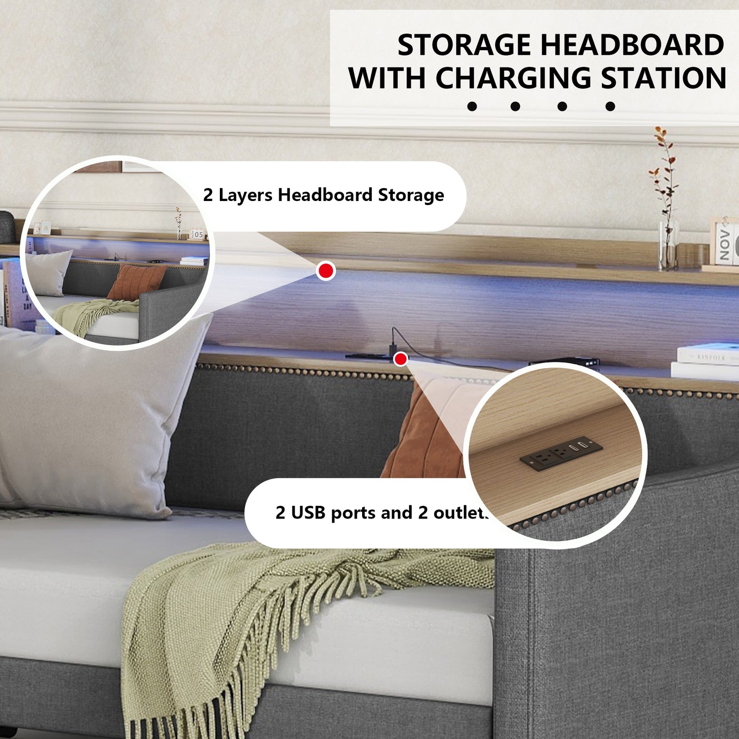 Gray upholstered storage bed frame with integrated LED lighting