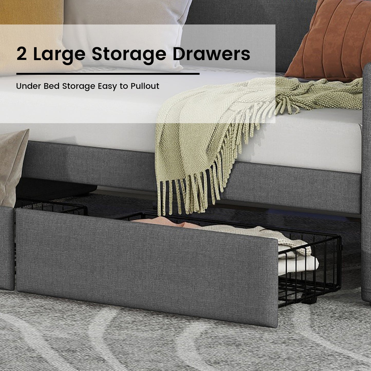 Grey fabric bed frame with two pullout underbed storage drawers