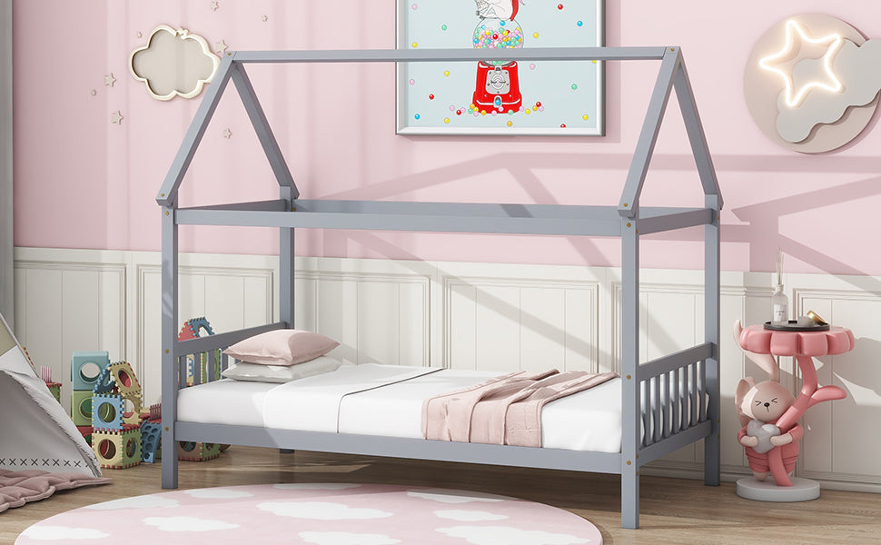 Gray wooden toddler bed frame with roof design