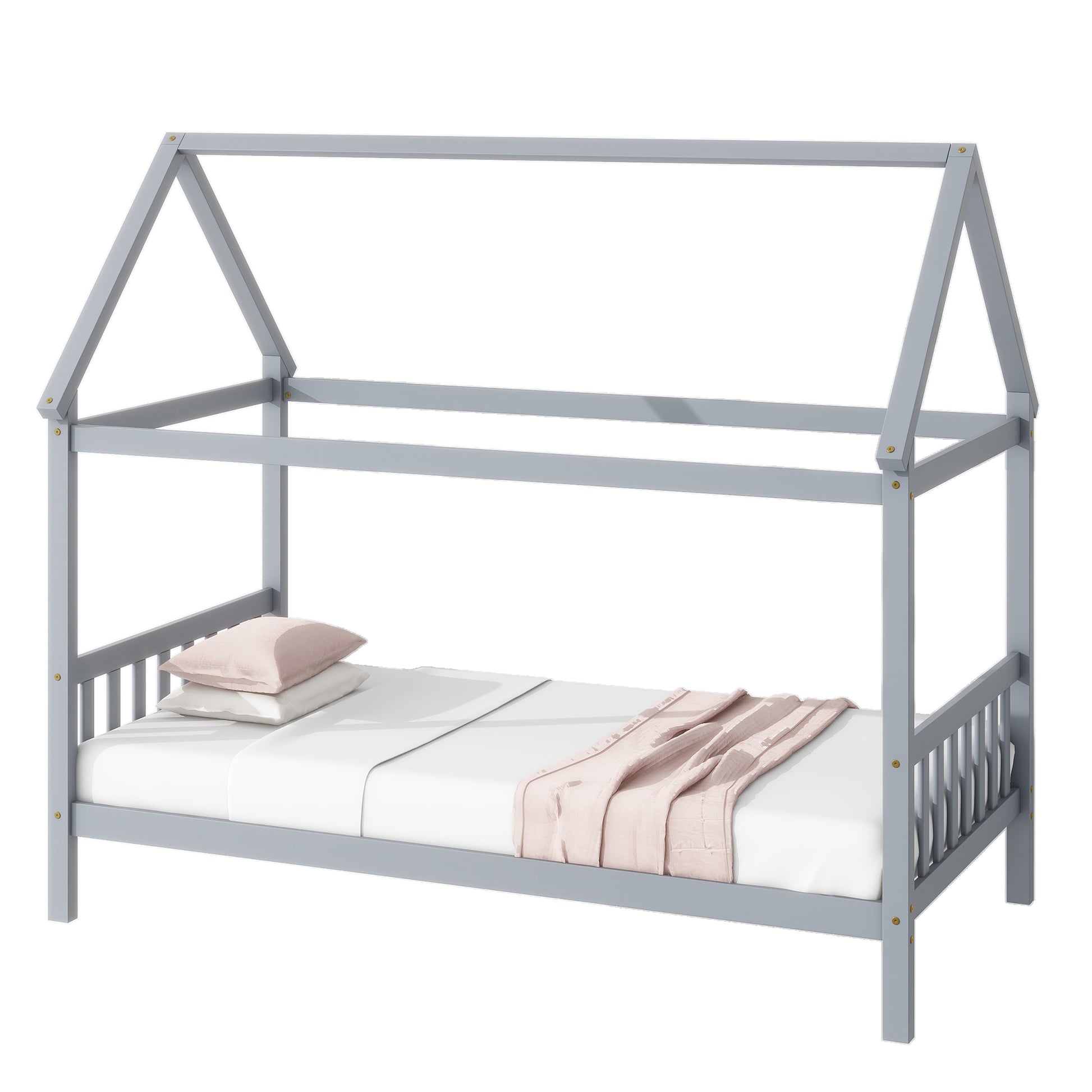 Gray wooden house bed frame with pink bedding and pillows
