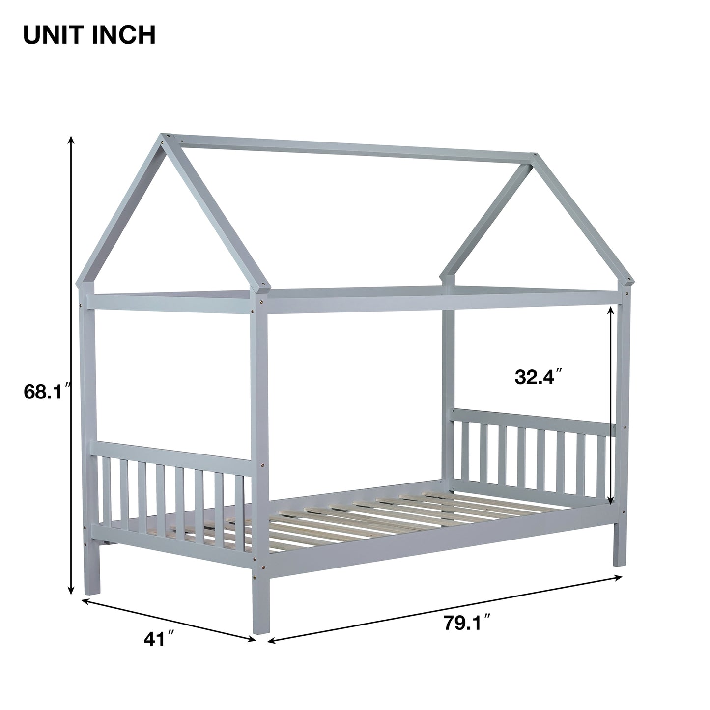 Gray wooden house bed frame with guardrails and slatted base