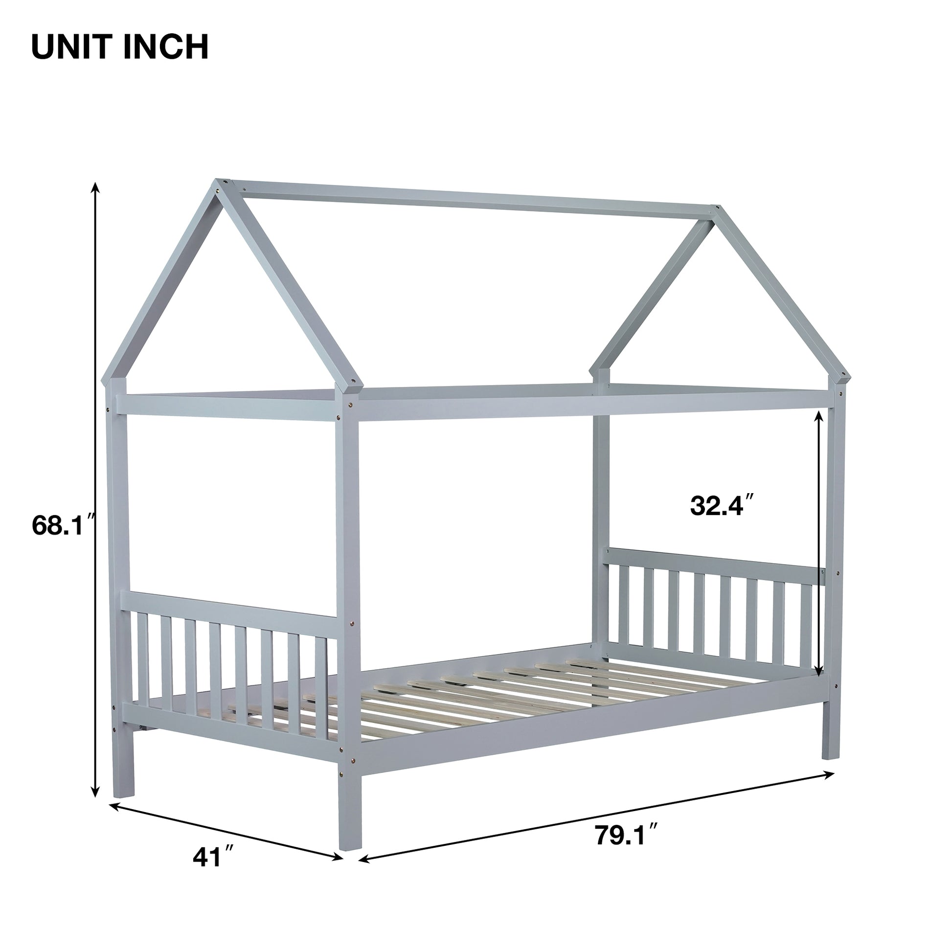 Gray wooden house bed frame with guardrails and slatted base