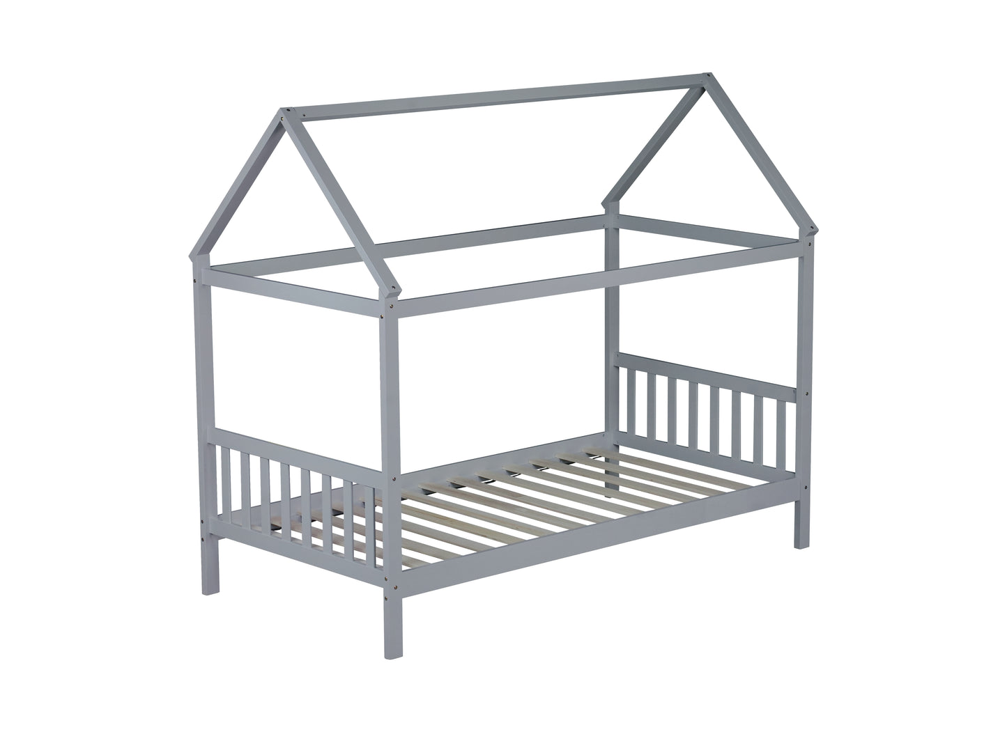 Grey wooden house bed frame with slatted base and safety rails