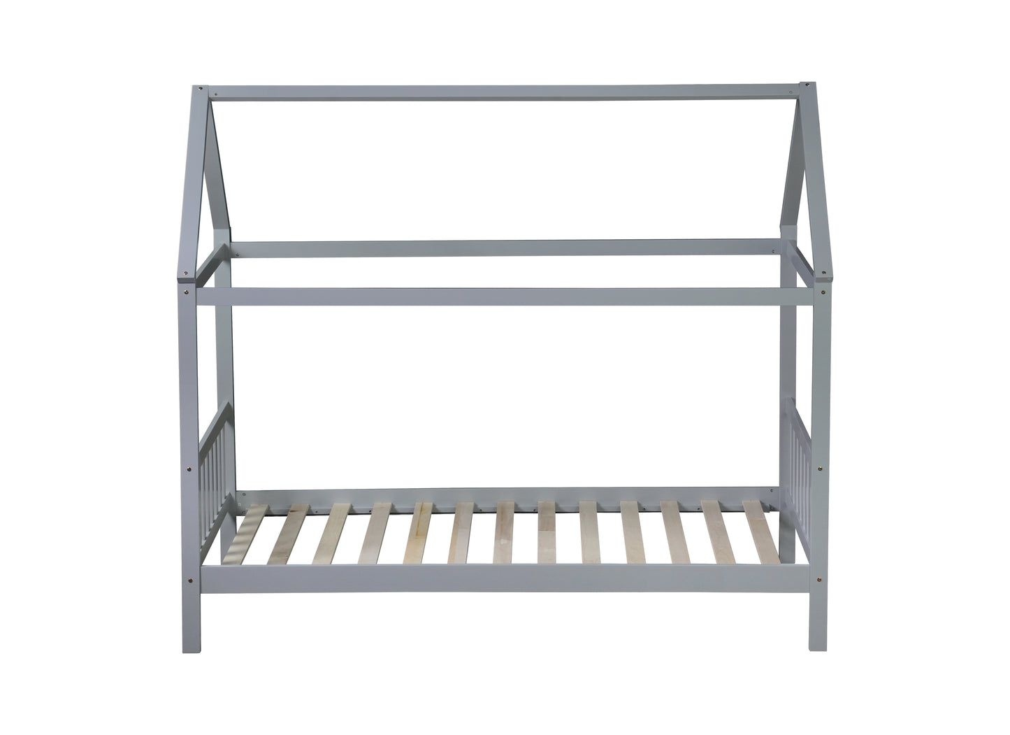 Gray wooden house bed frame with slatted base for childrens bedroom
