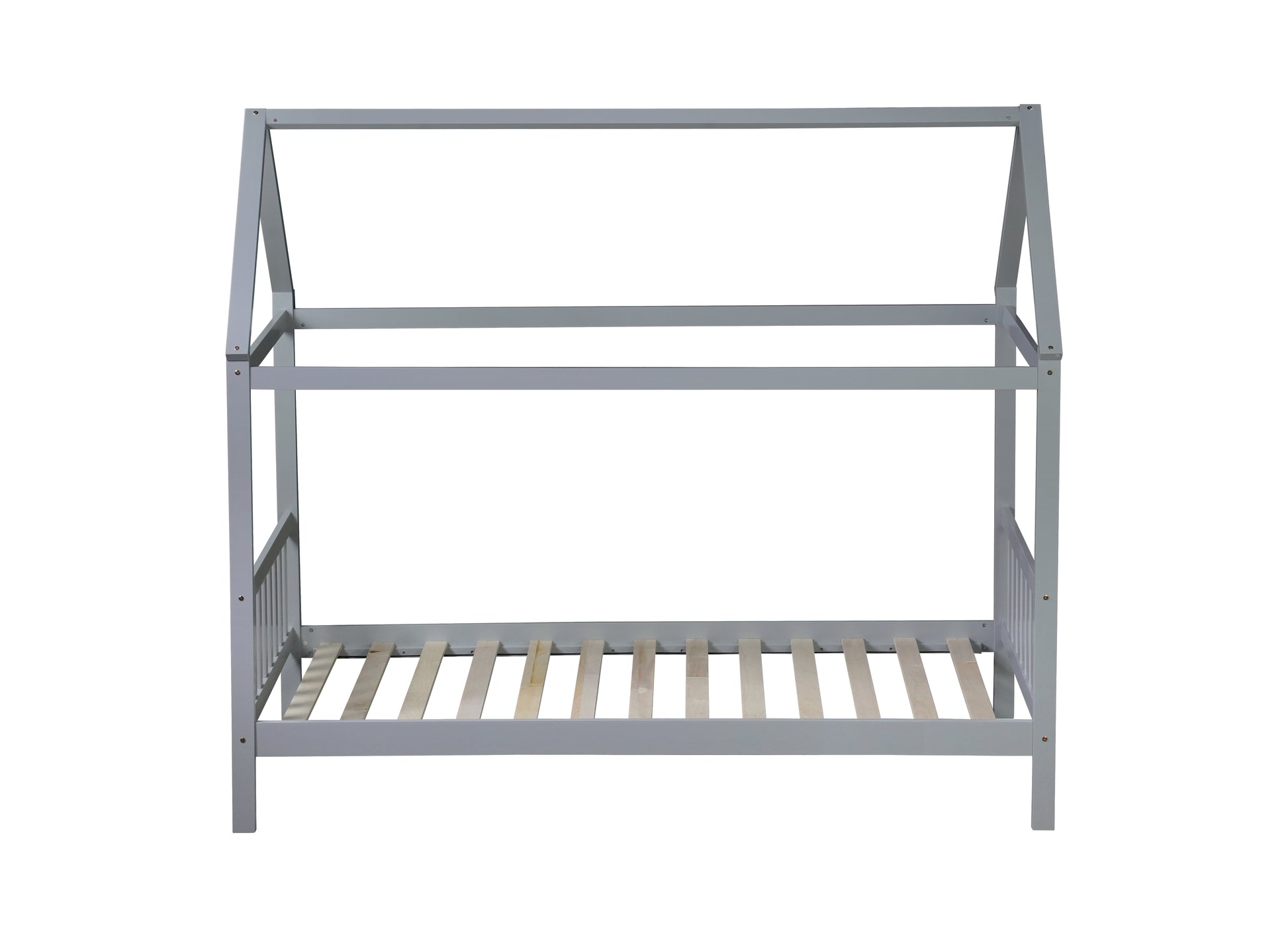 Gray wooden house bed frame with slatted base for childrens bedroom