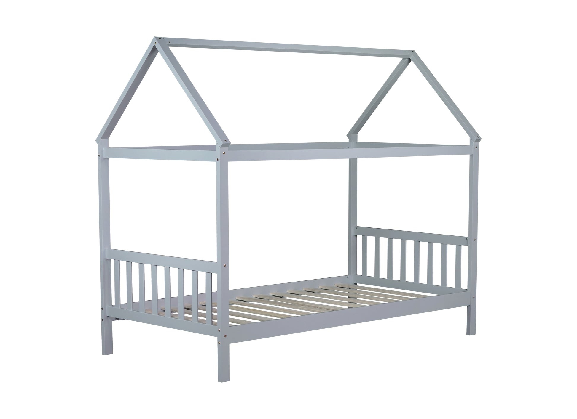 Gray wooden house bed frame with slats