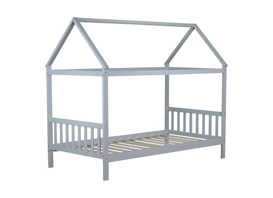 Gray wooden house bed frame with slats