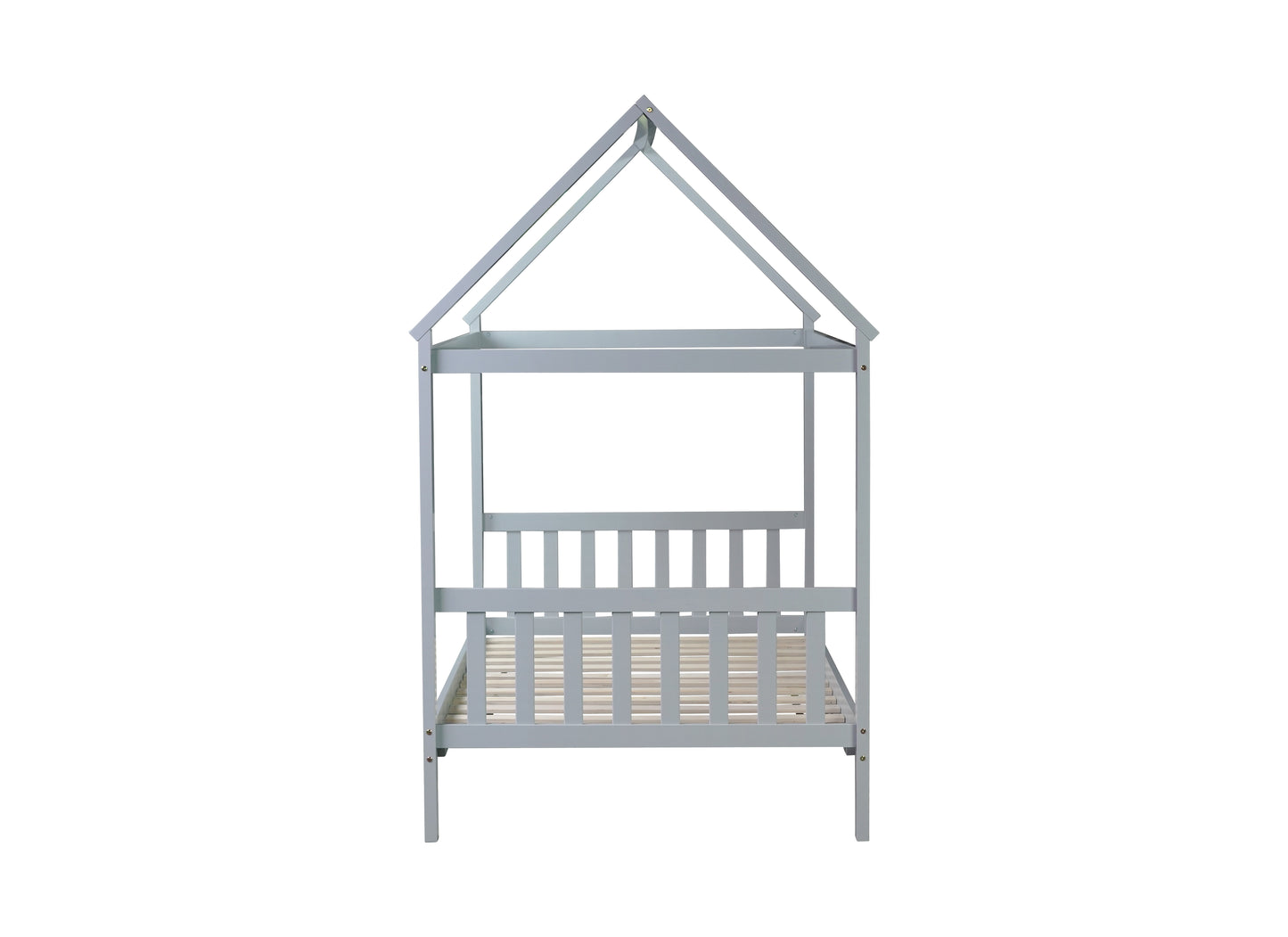 Light gray wooden house bed frame for kids with slatted base