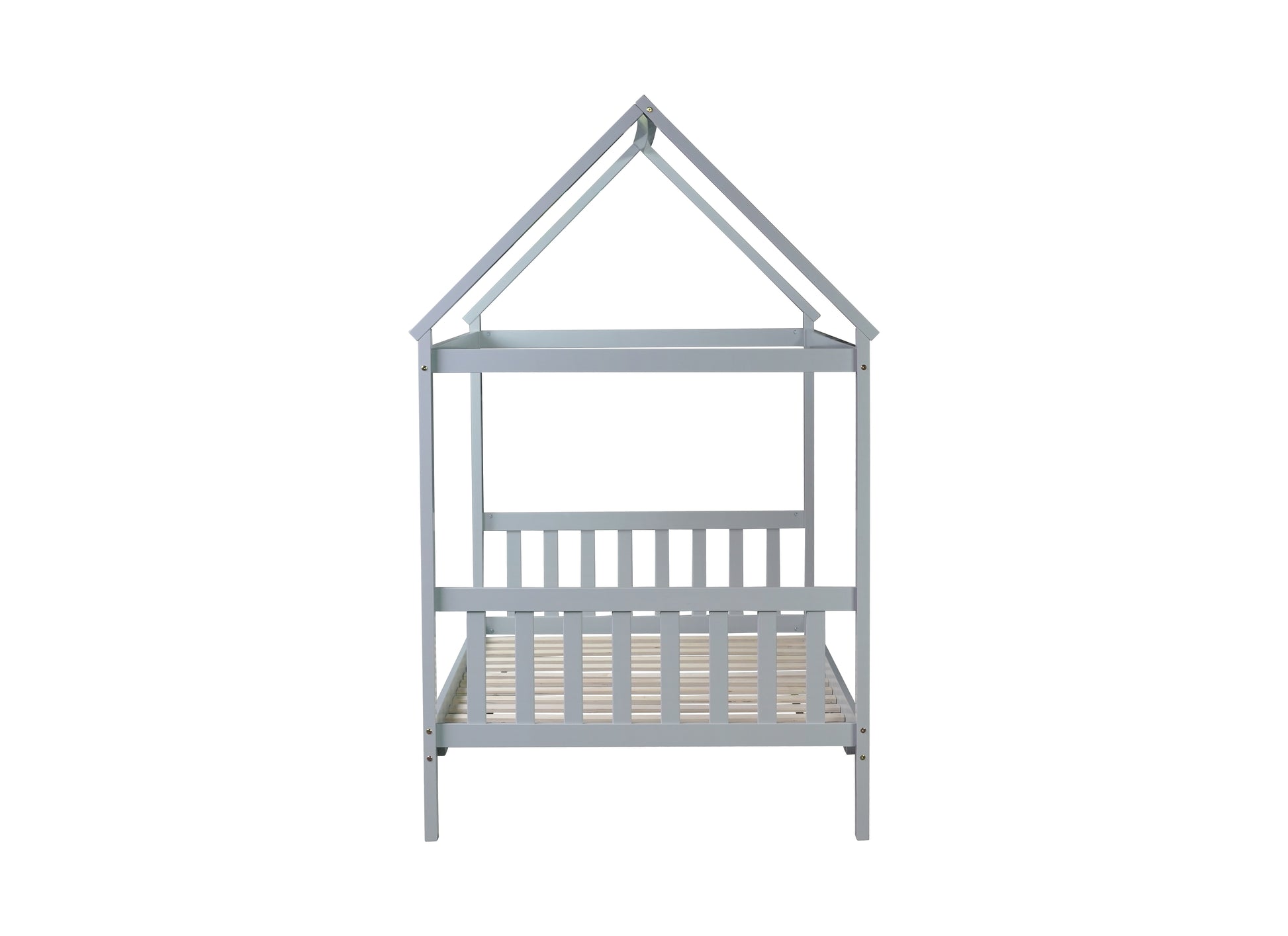 Light gray wooden house bed frame for kids with slatted base