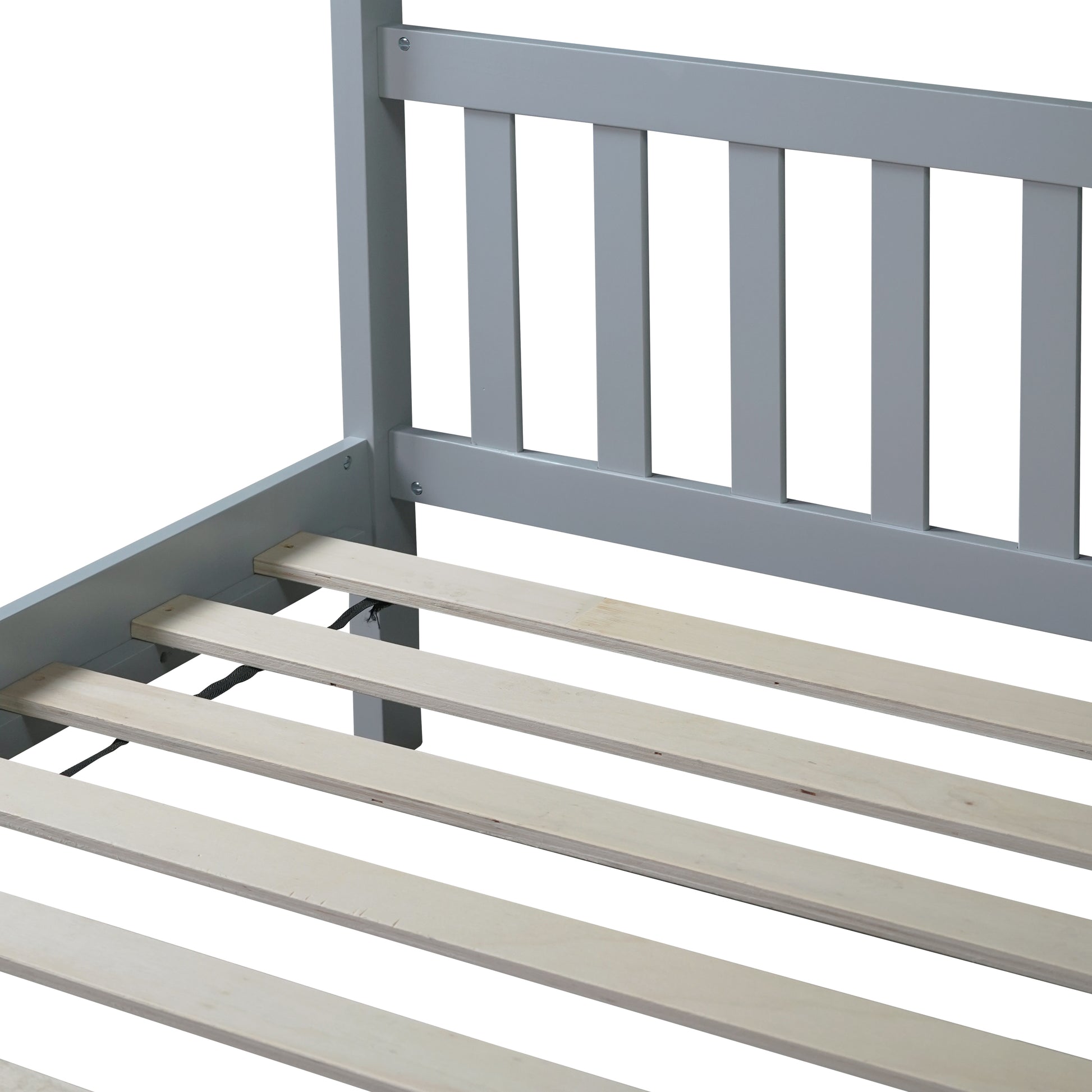 Grey wooden toddler bed frame with slatted base