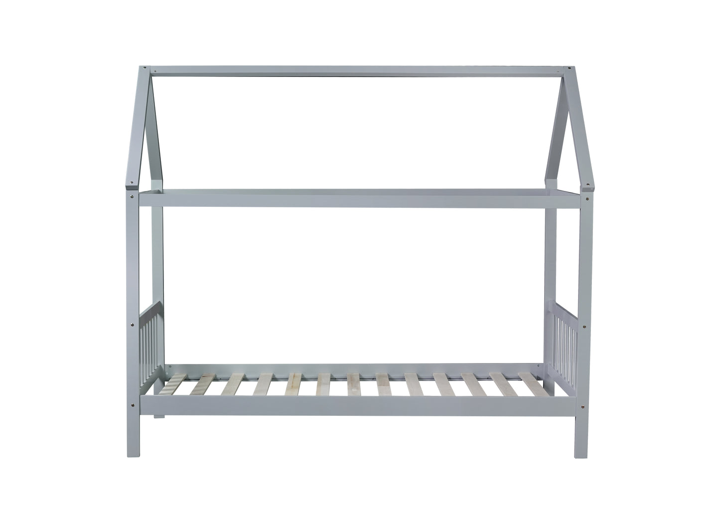 Gray wooden house bed frame with slatted base for children