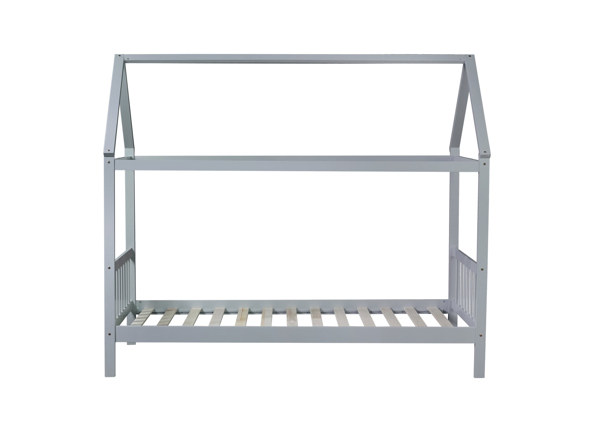 Gray wooden house bed frame with slatted base for children
