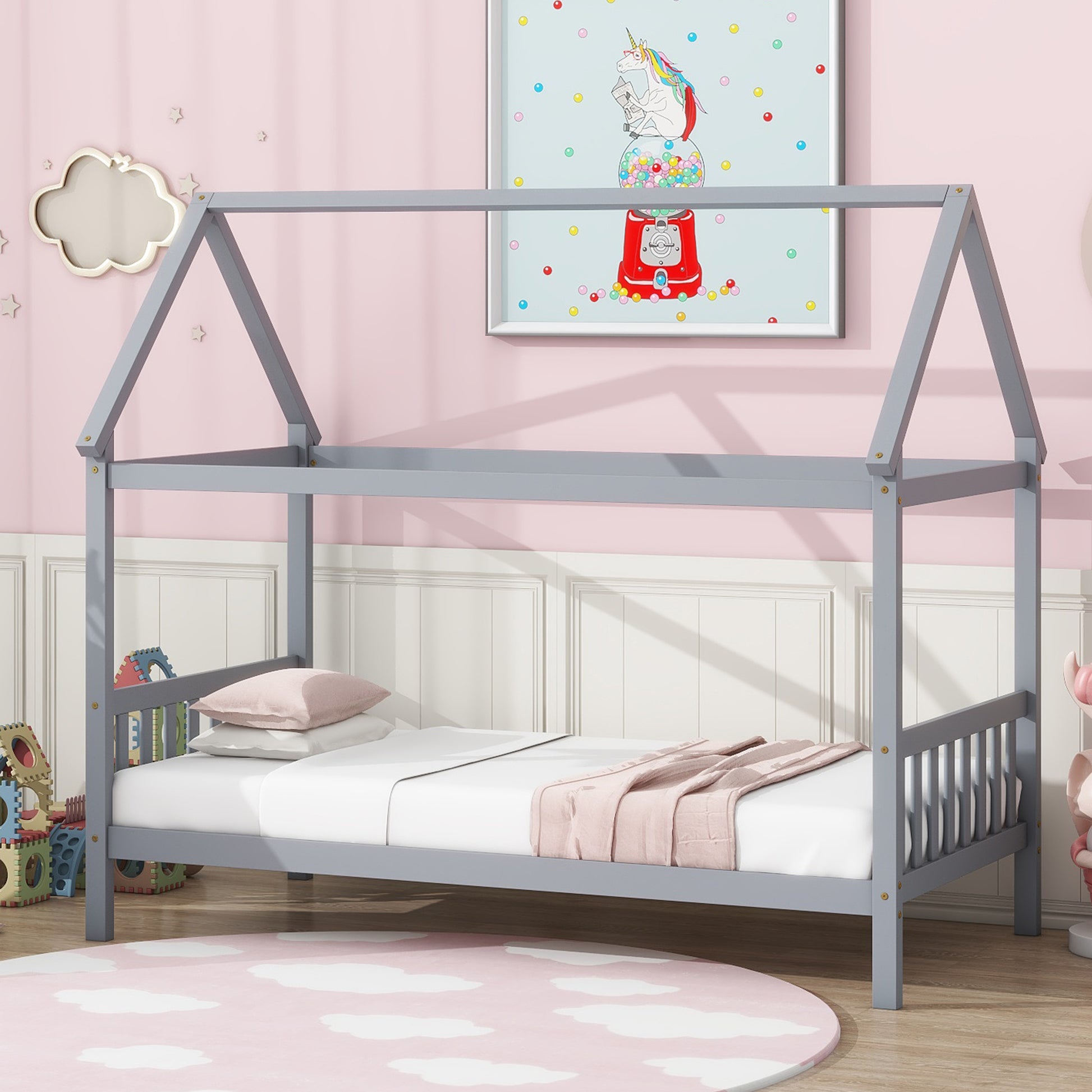 Gray wooden house bed frame for kids