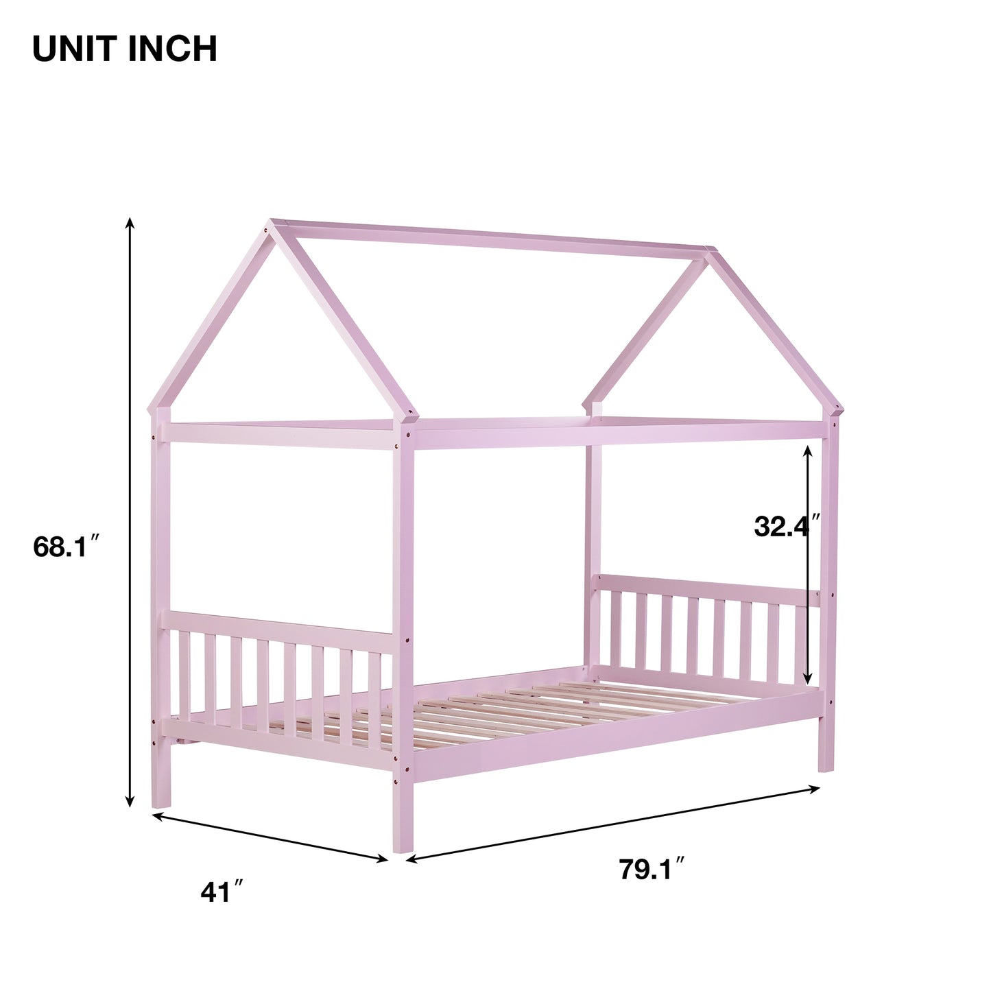 Pink wooden house bed frame with slatted headboard and footboard