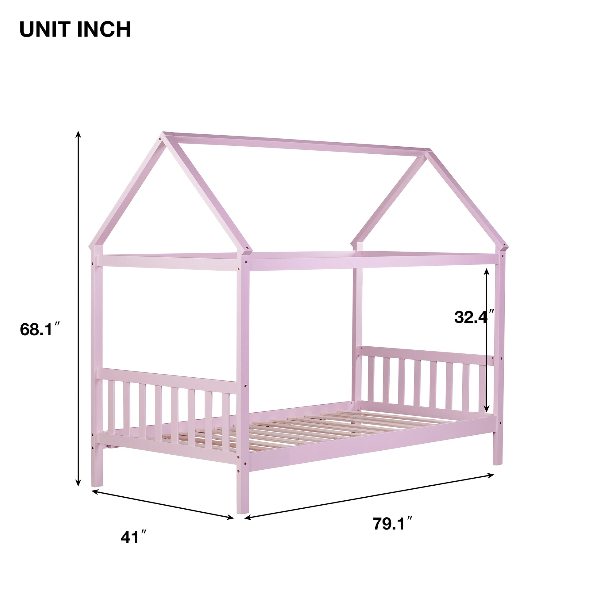Pink wooden house bed frame with slatted headboard and footboard