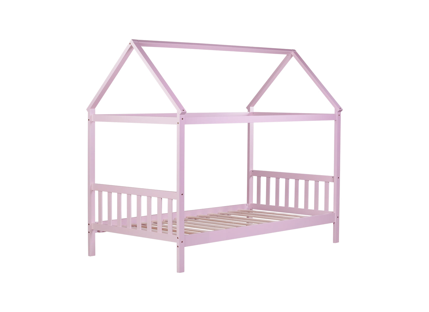 Pink wooden house bed frame with slatted base perfect for toddler rooms
