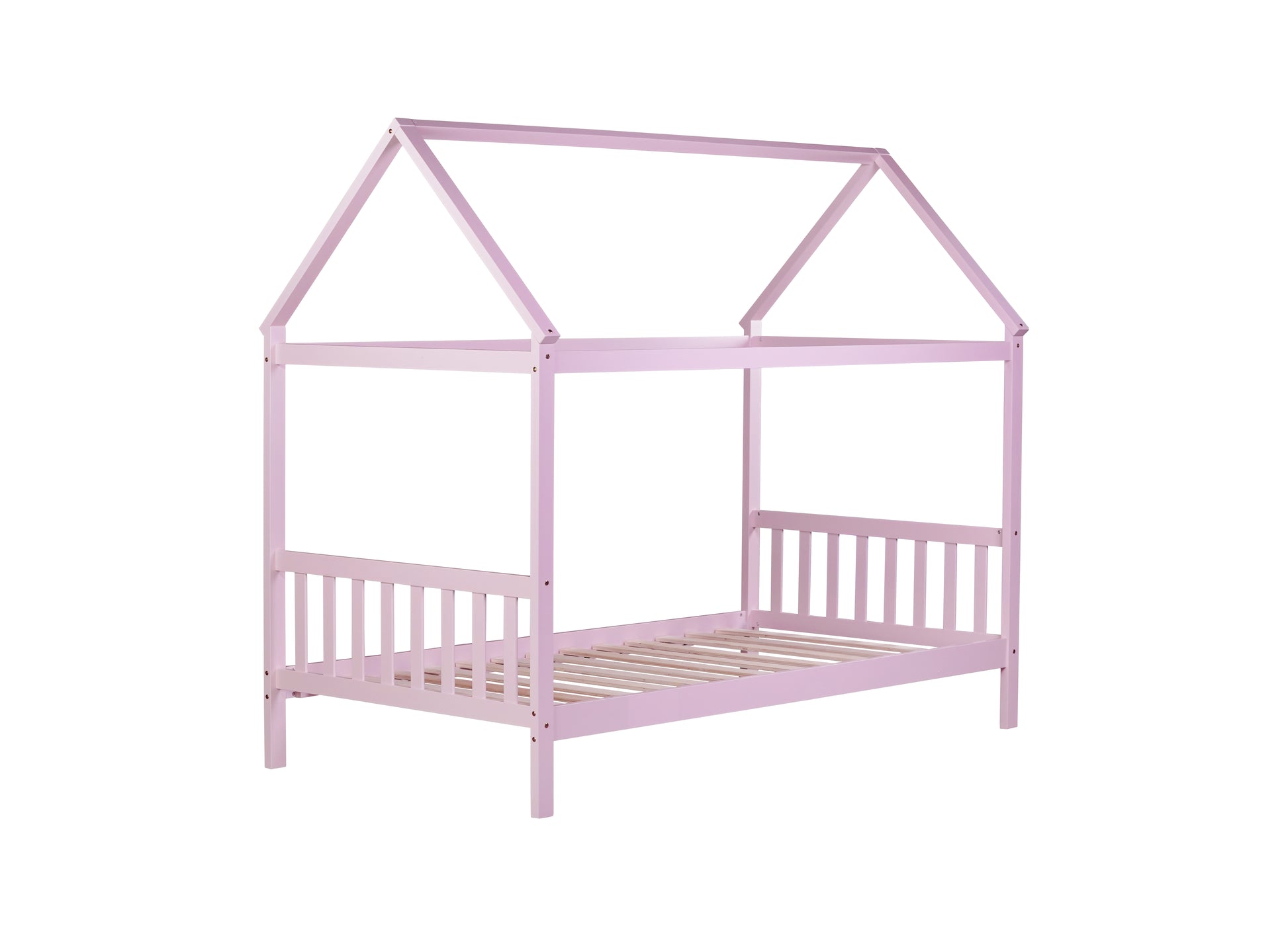 Pink wooden house bed frame with slatted base perfect for toddler rooms