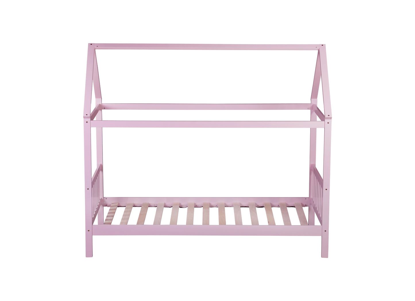 Pink wooden house bed frame with slatted base for nursery