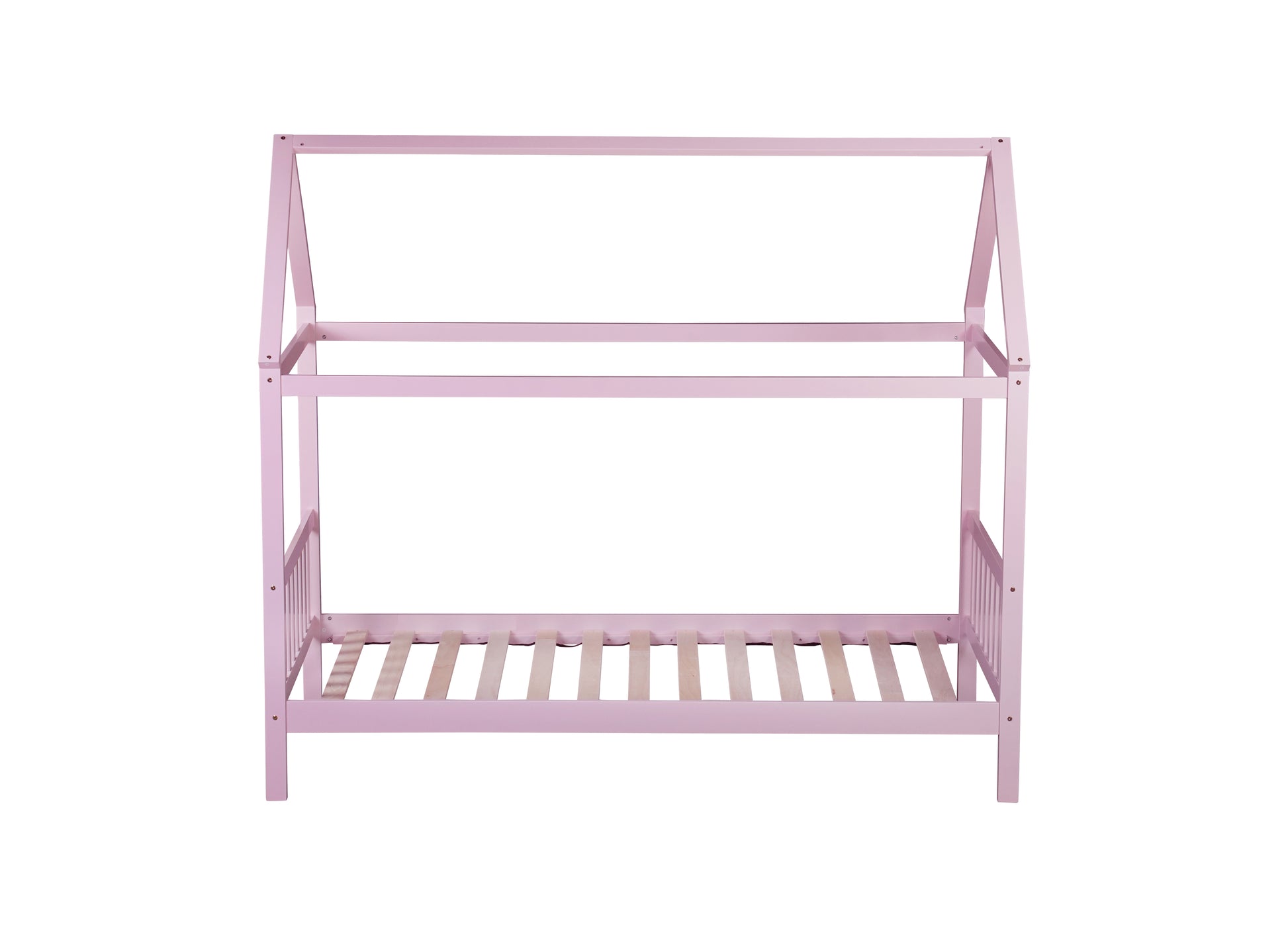 Pink wooden house bed frame with slatted base for nursery
