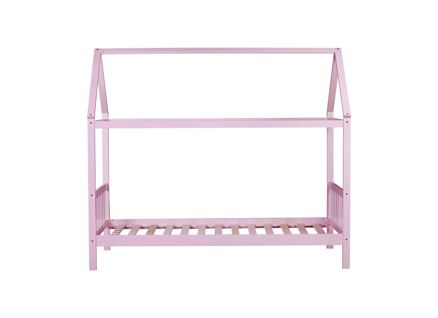 Pink wooden house bed frame with slatted base